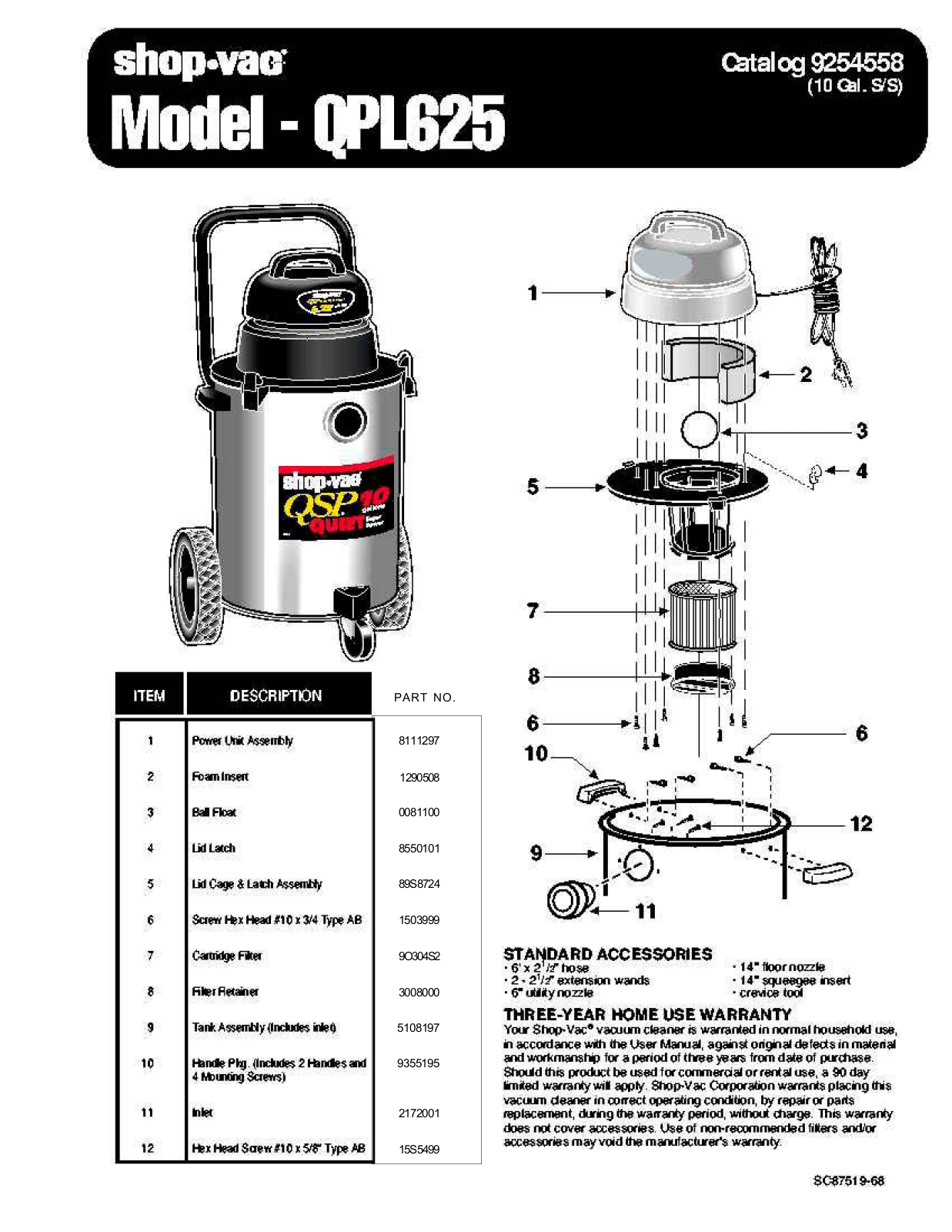 Shop Vac Qpl625 Owner's Manual