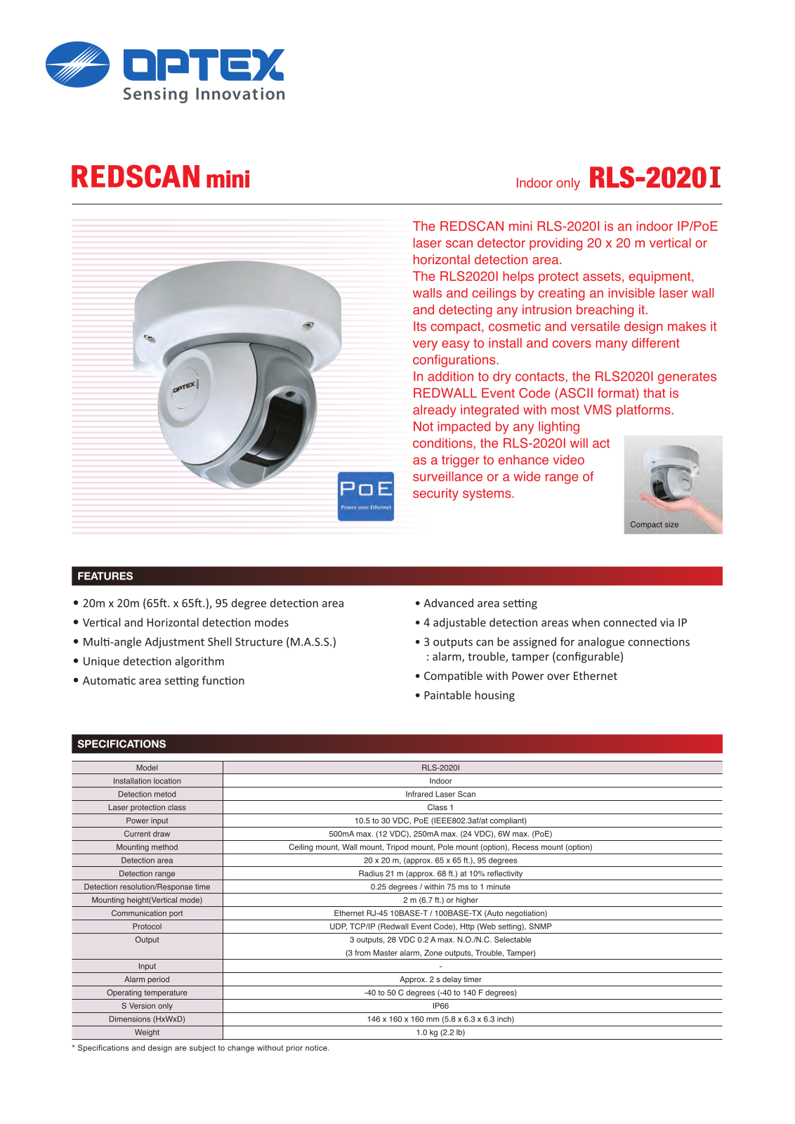 Optex RLS-2020i Specsheet