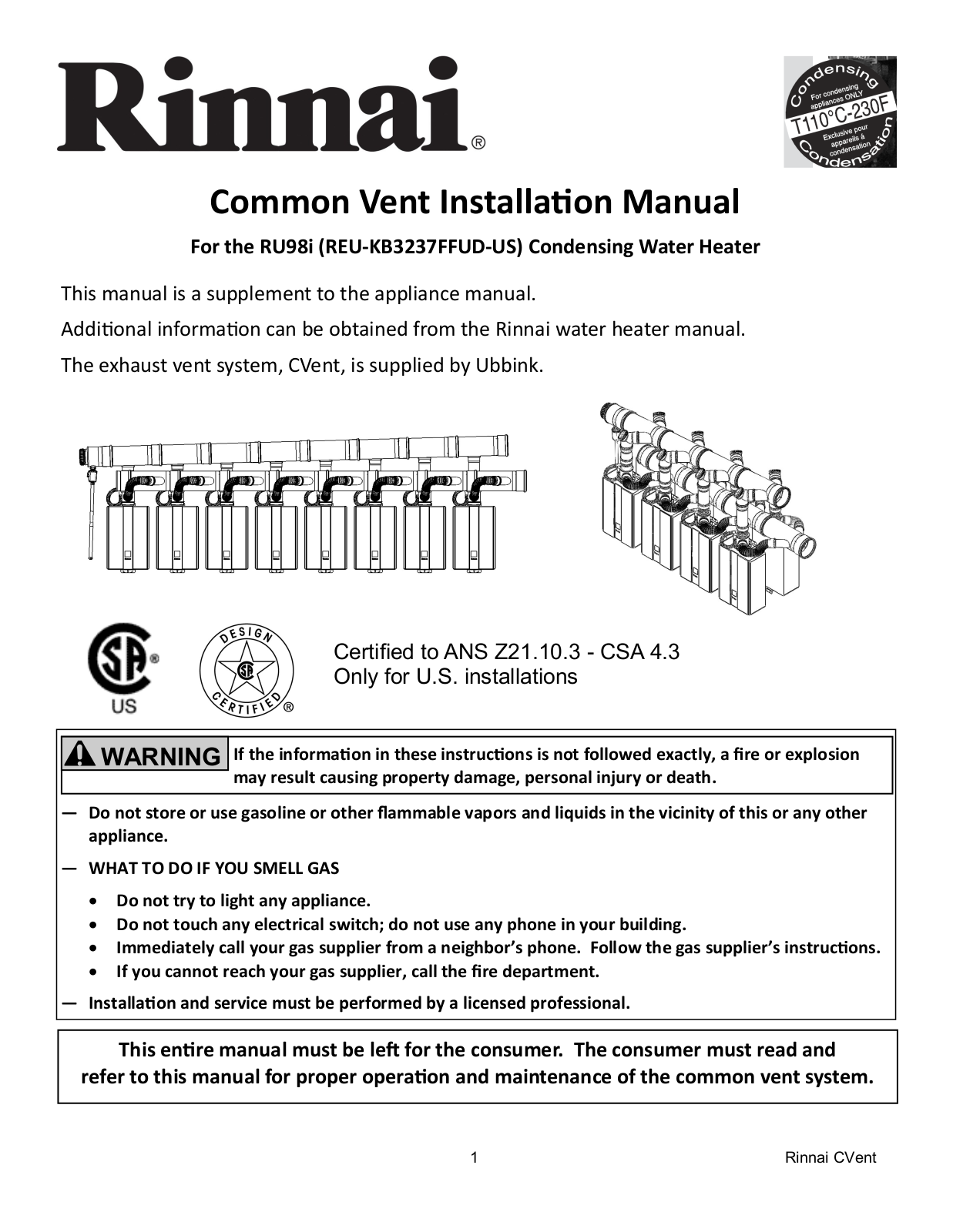 Rinnai Common Vent for the RU98i Owner's Manual