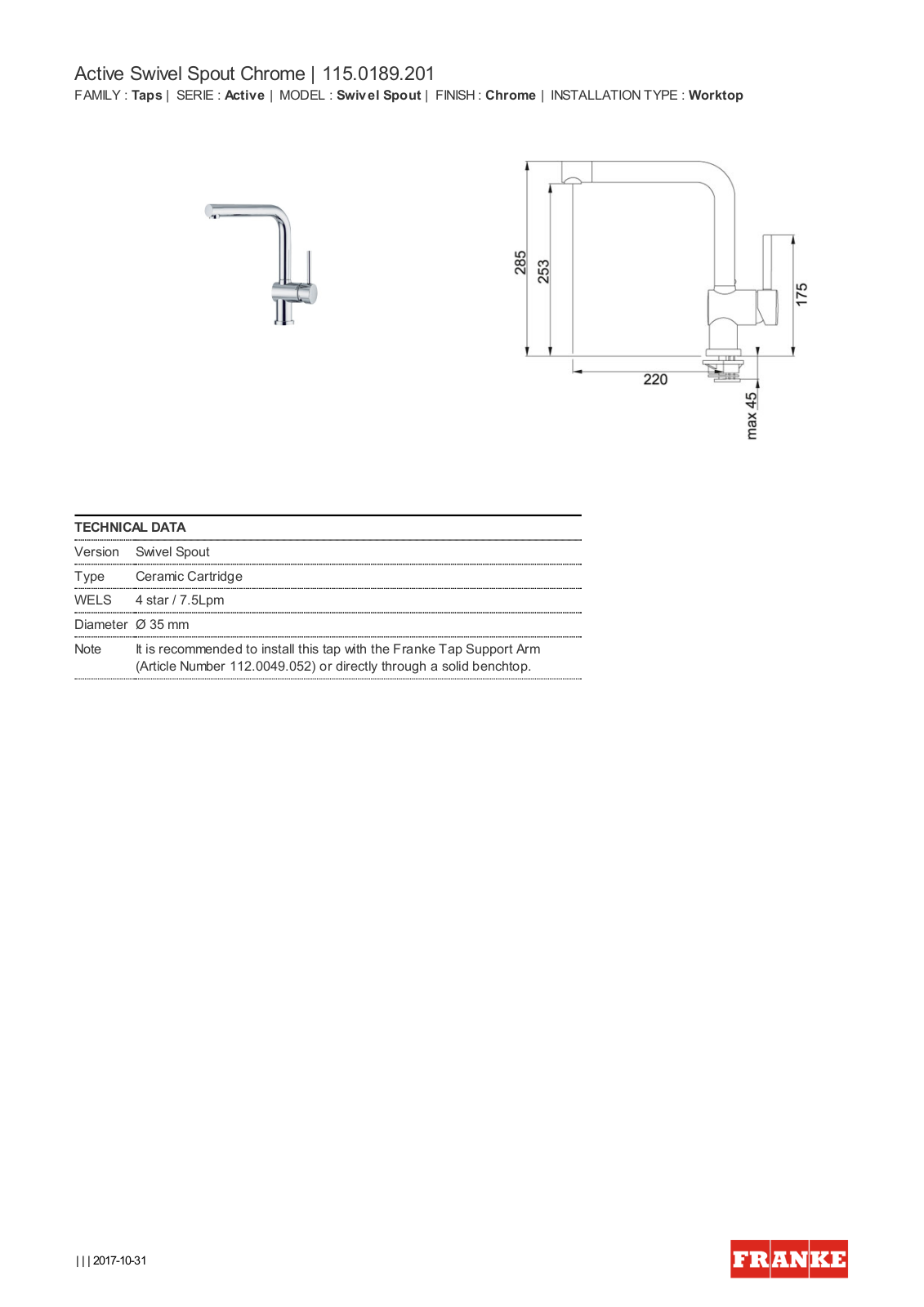 Franke TA7010 Specifications Sheet