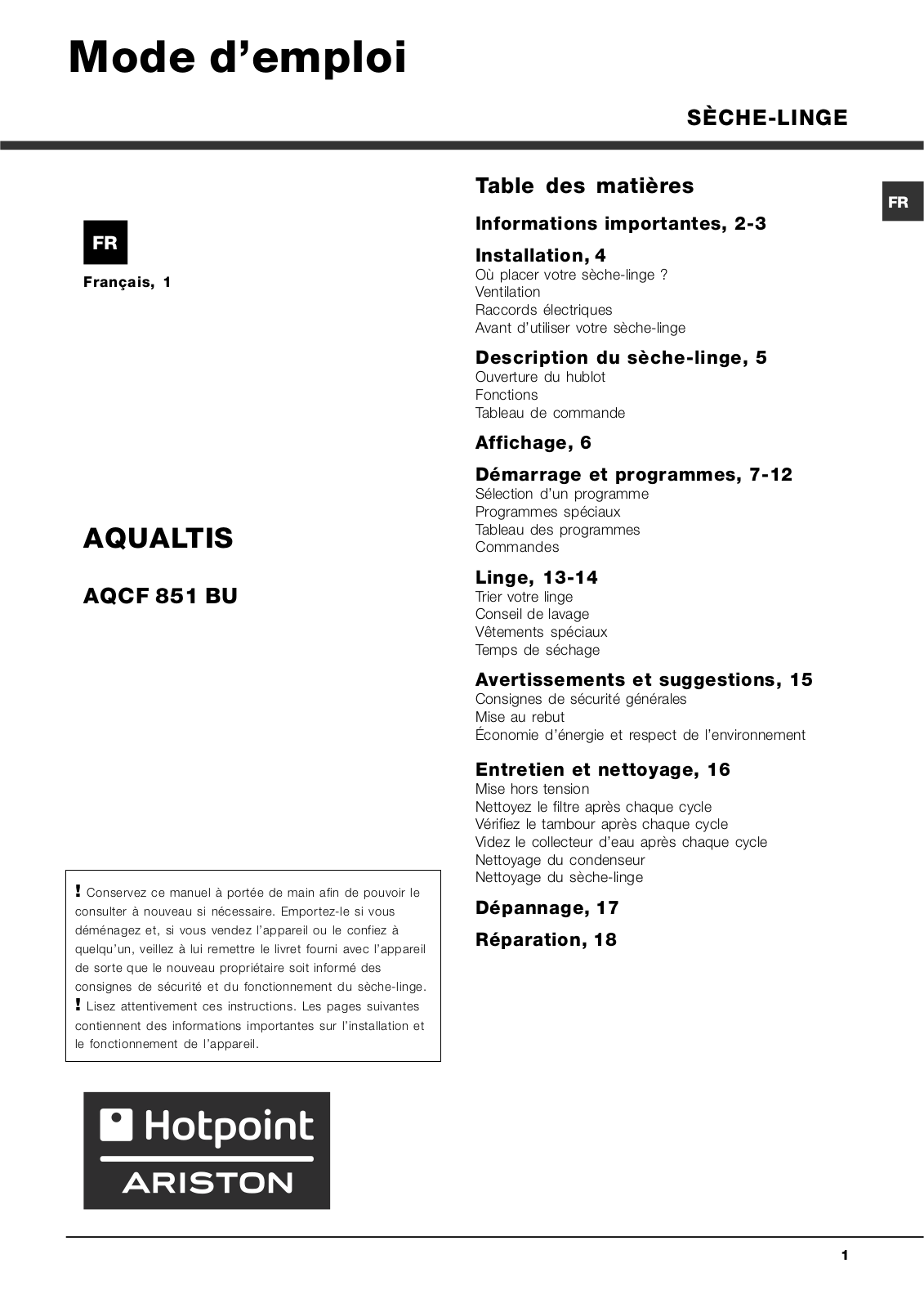 HOTPOINT-ARISTON AQCF 851 BU, AQUALTIS AQCF851BU User Manual