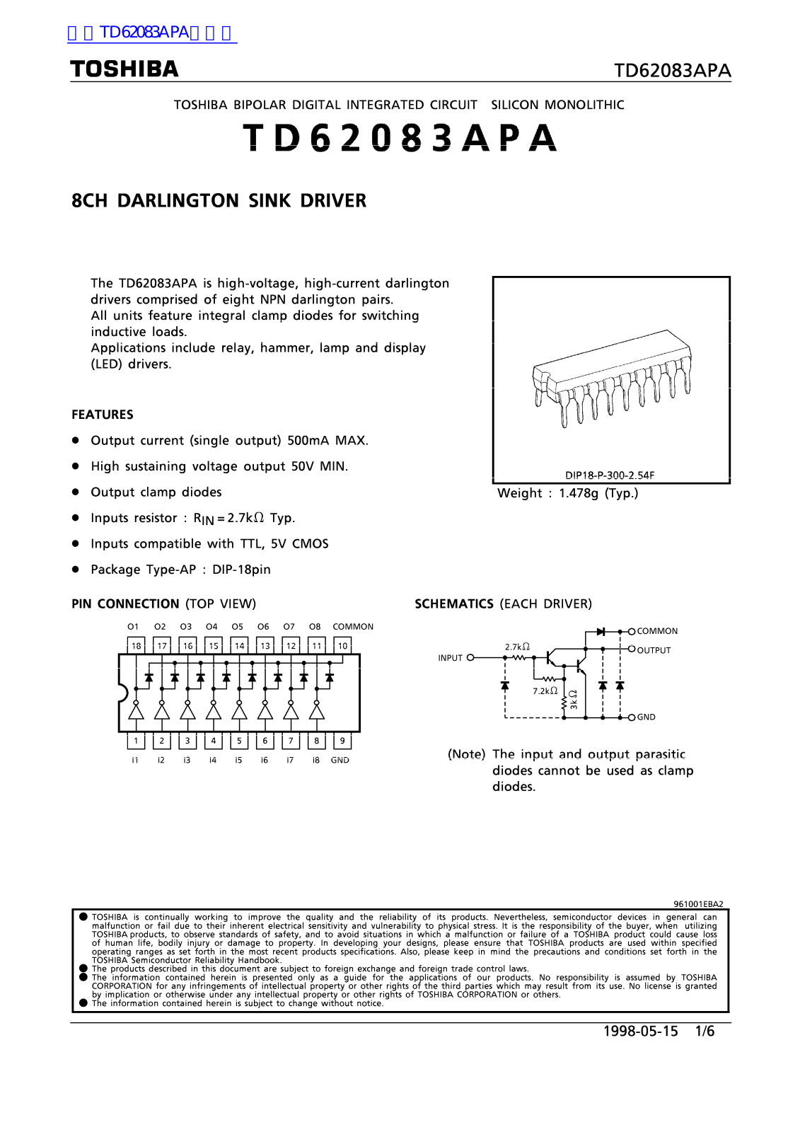 TOSHIBA TD62083APA Technical data