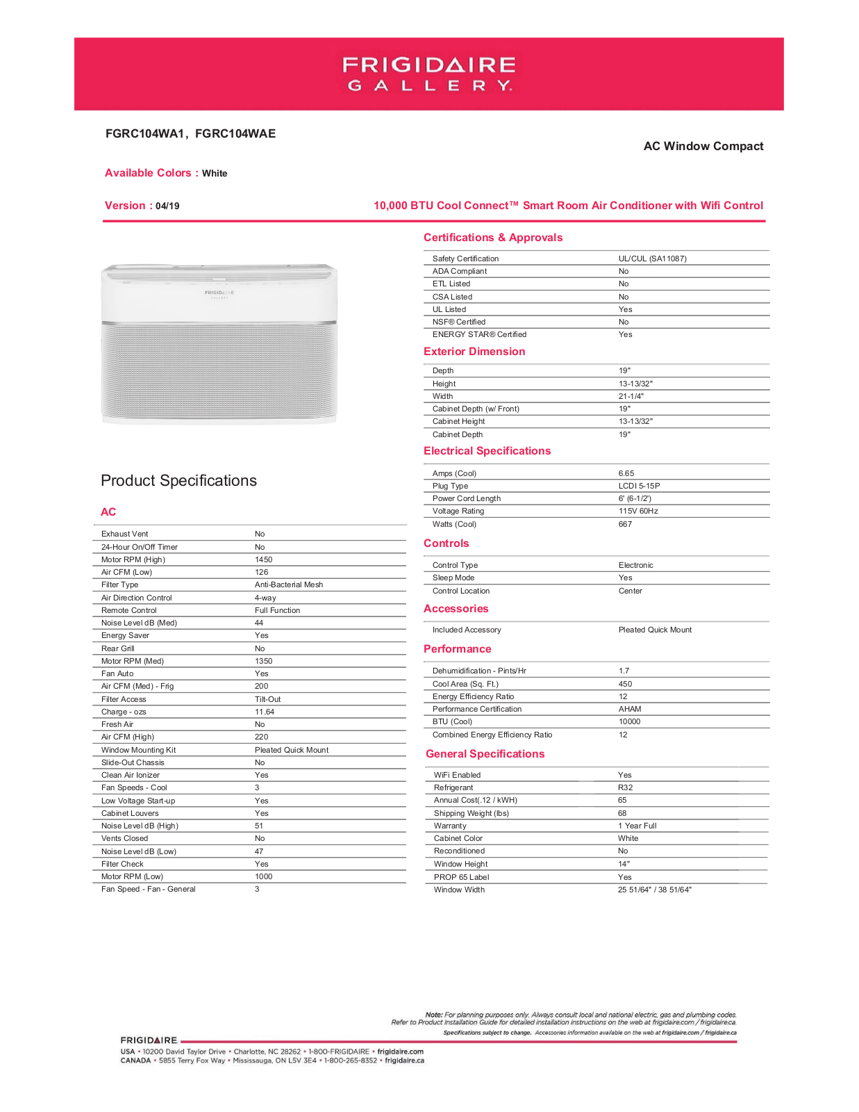 Frigidaire FGRC104WAE Specifications