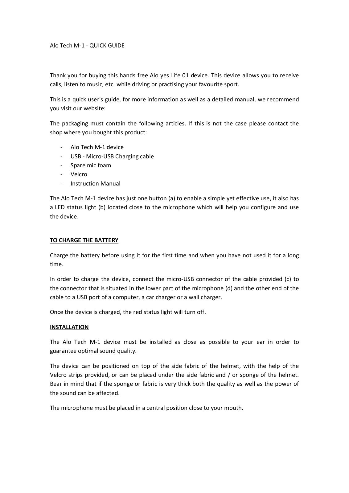 Alo Tech M-1 Quick Manual - ManualMachine.com