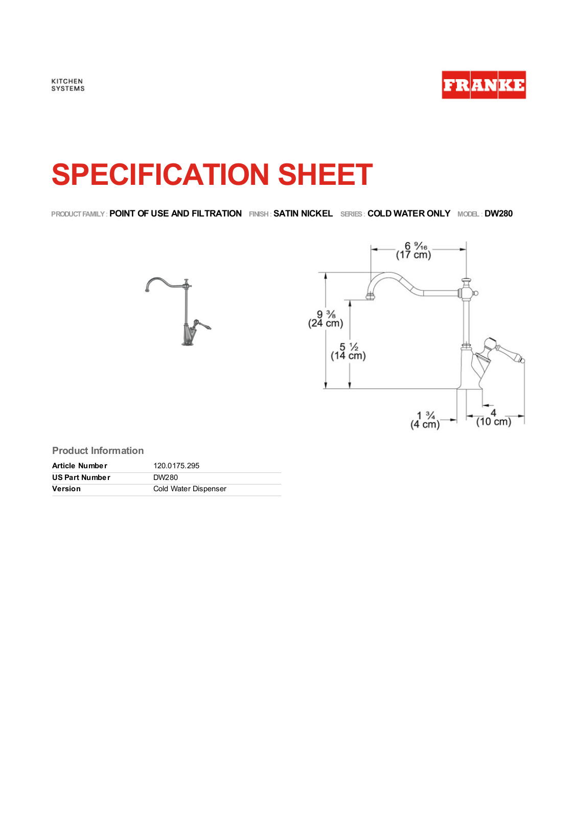 Franke Foodservice DW280 Specification