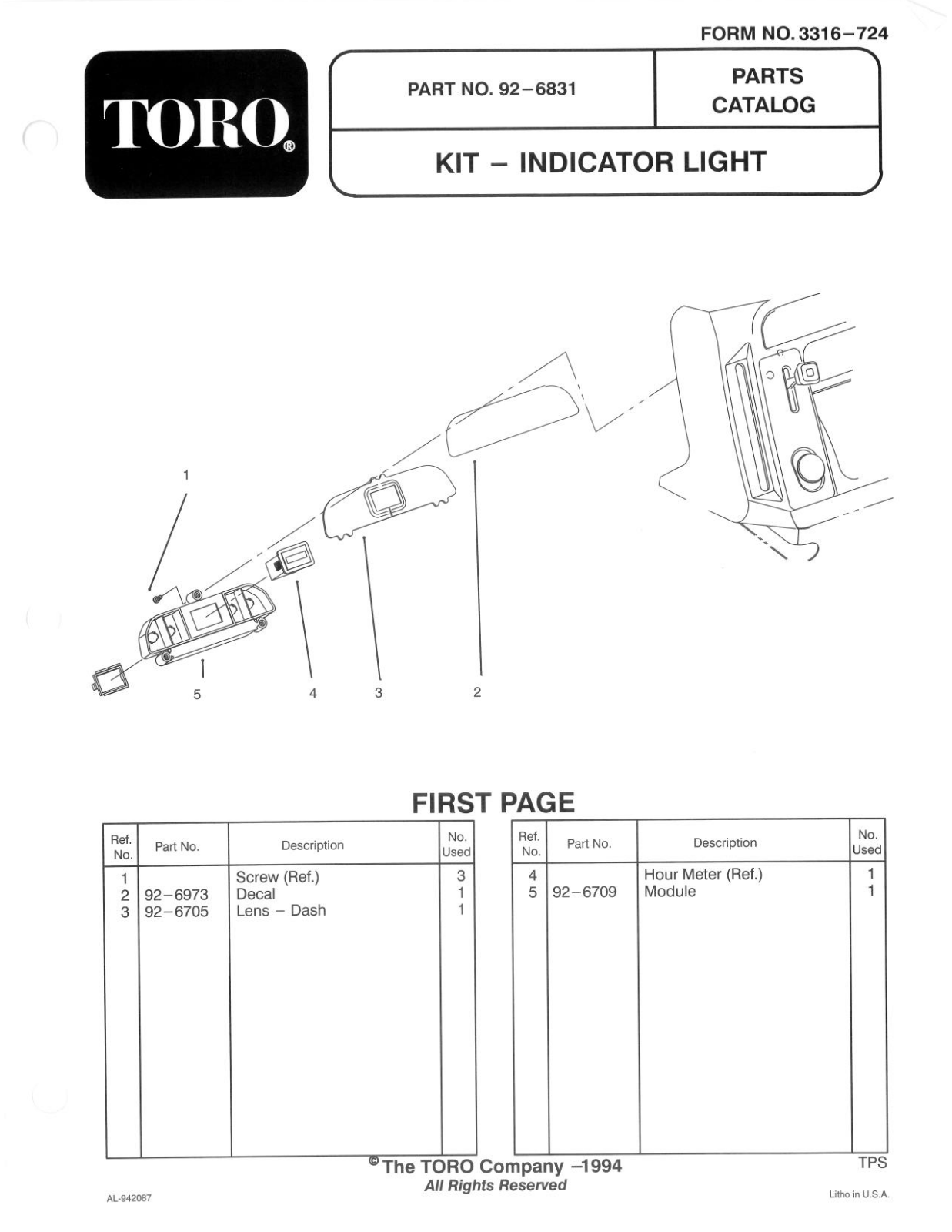 Toro 92-6831 Parts Catalogue