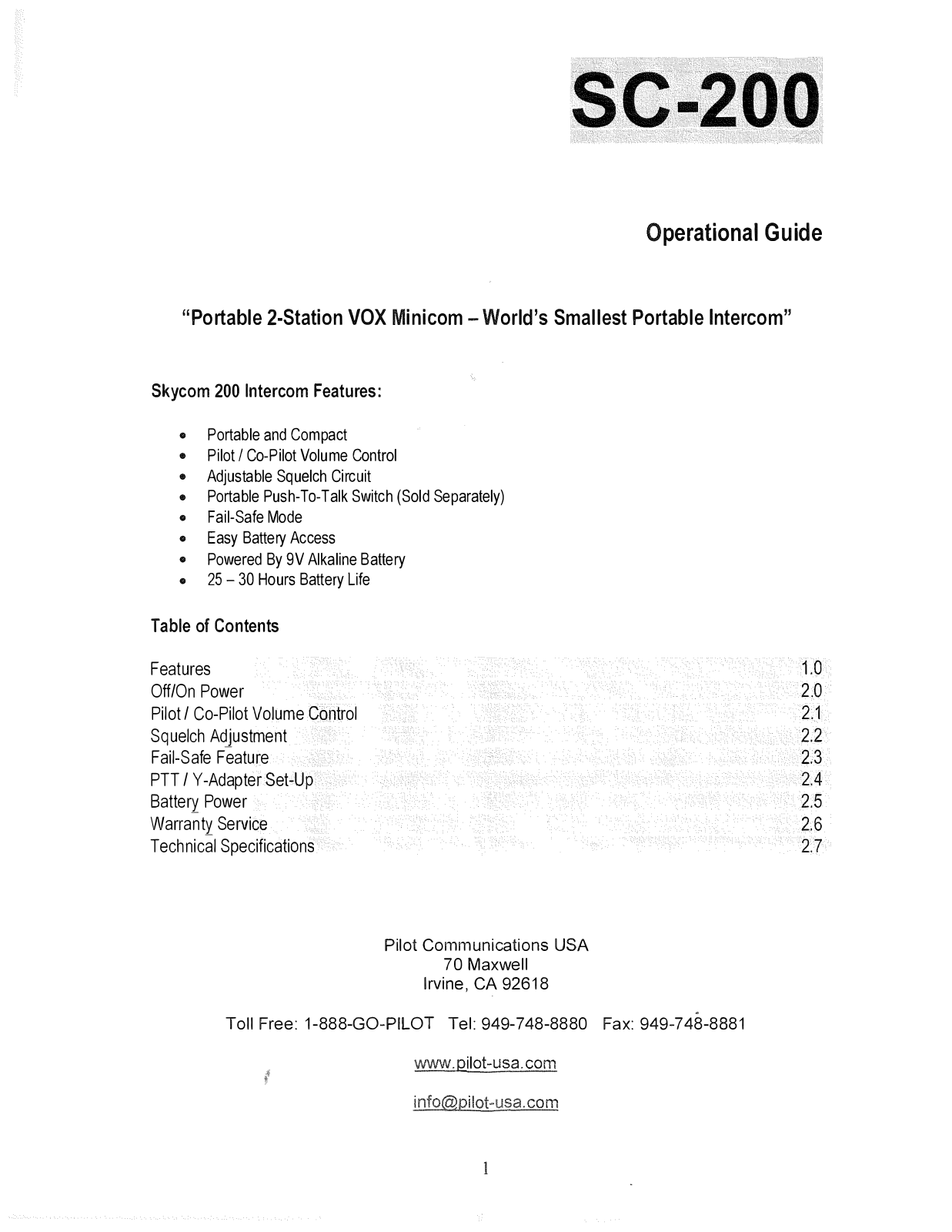 Skycom SC-200 Operational Guide - ManualMachine.com