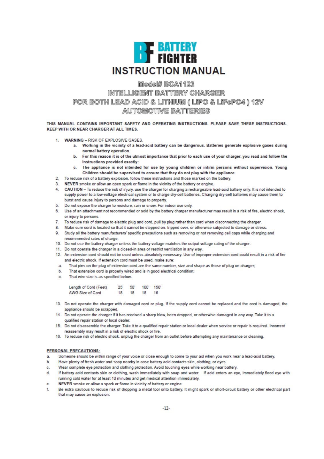 Battery Fighter BCA1123 User Manual