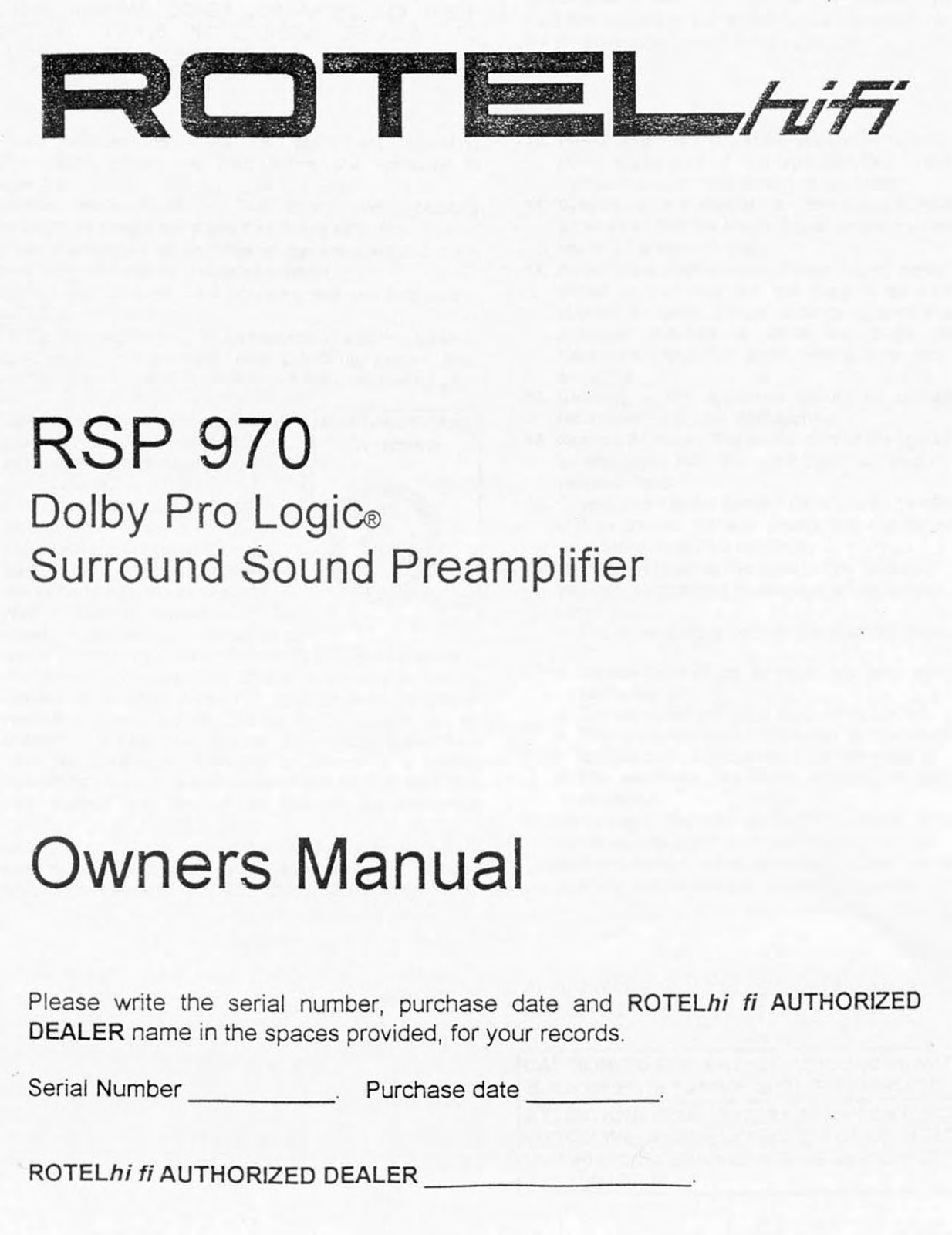 Rotel RSP 970 User Manual