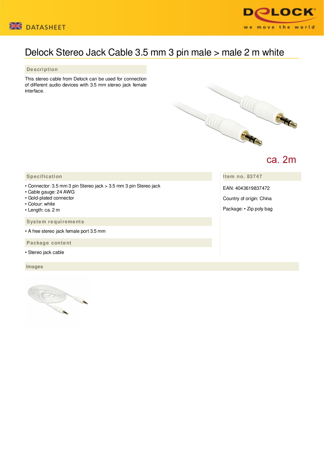 DeLOCK Klinkenkabel 3-Pin Stereo, 3.5mm Stecker auf 3.5mm Stecker, weiß, 2.0m User Manual