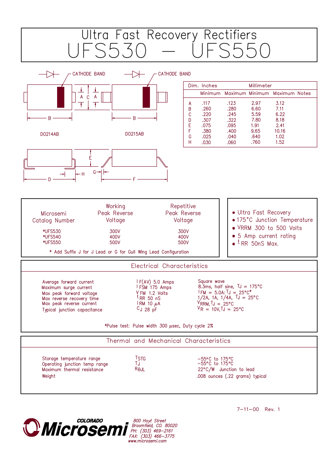 Microsemi UFS550J, UFS550G, UFS540G, UFS540J, UFS530J Datasheet