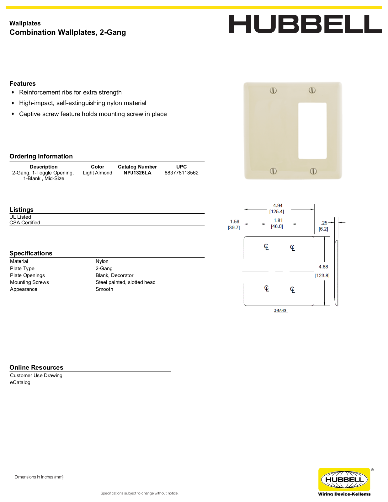 Hubbell NPJ1326LA Specifications