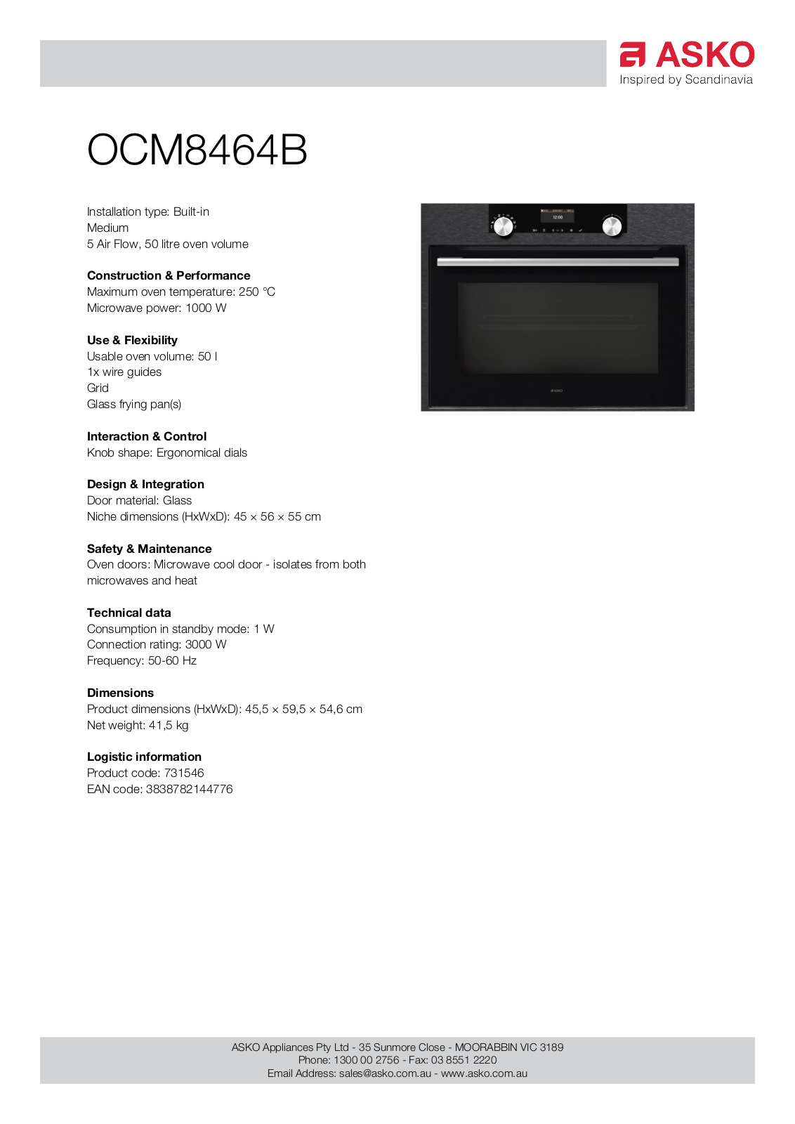 ASKO OCM8464B Specifications Sheet