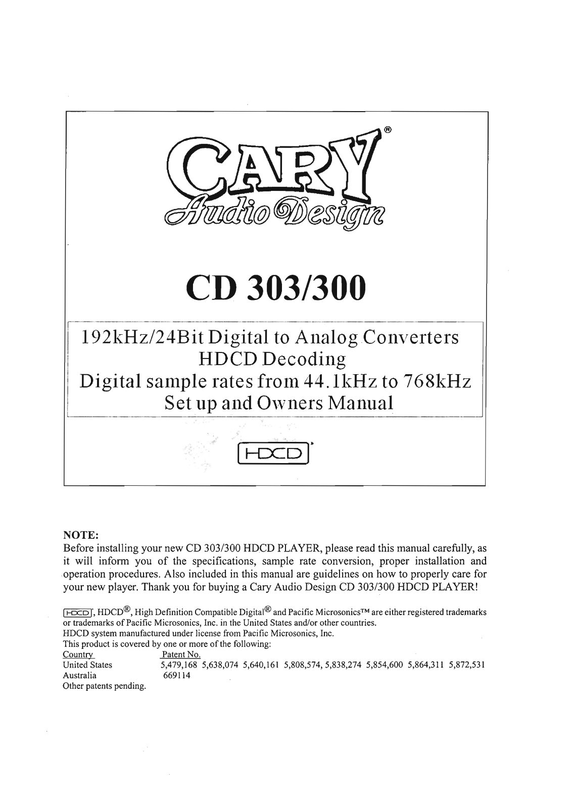 Cary Audio CD300 Owner's Manual