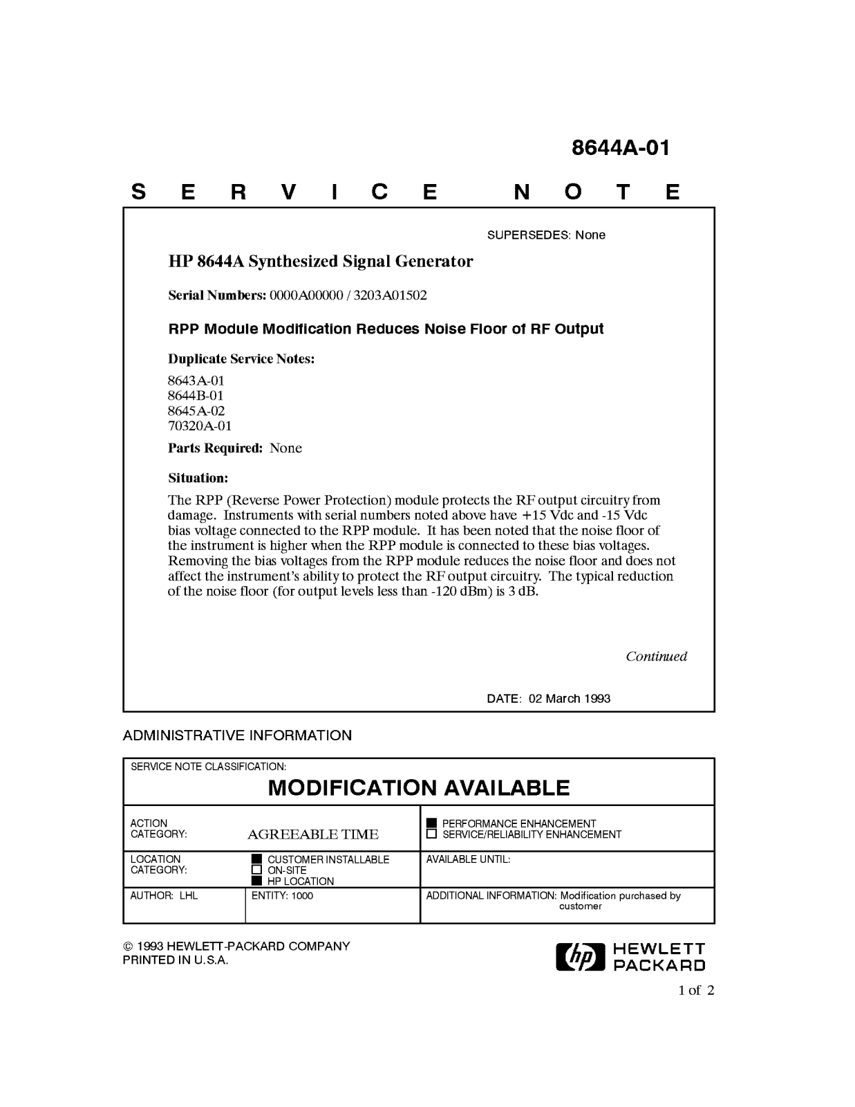 Keysight (Agilent) 8644A Service Note
