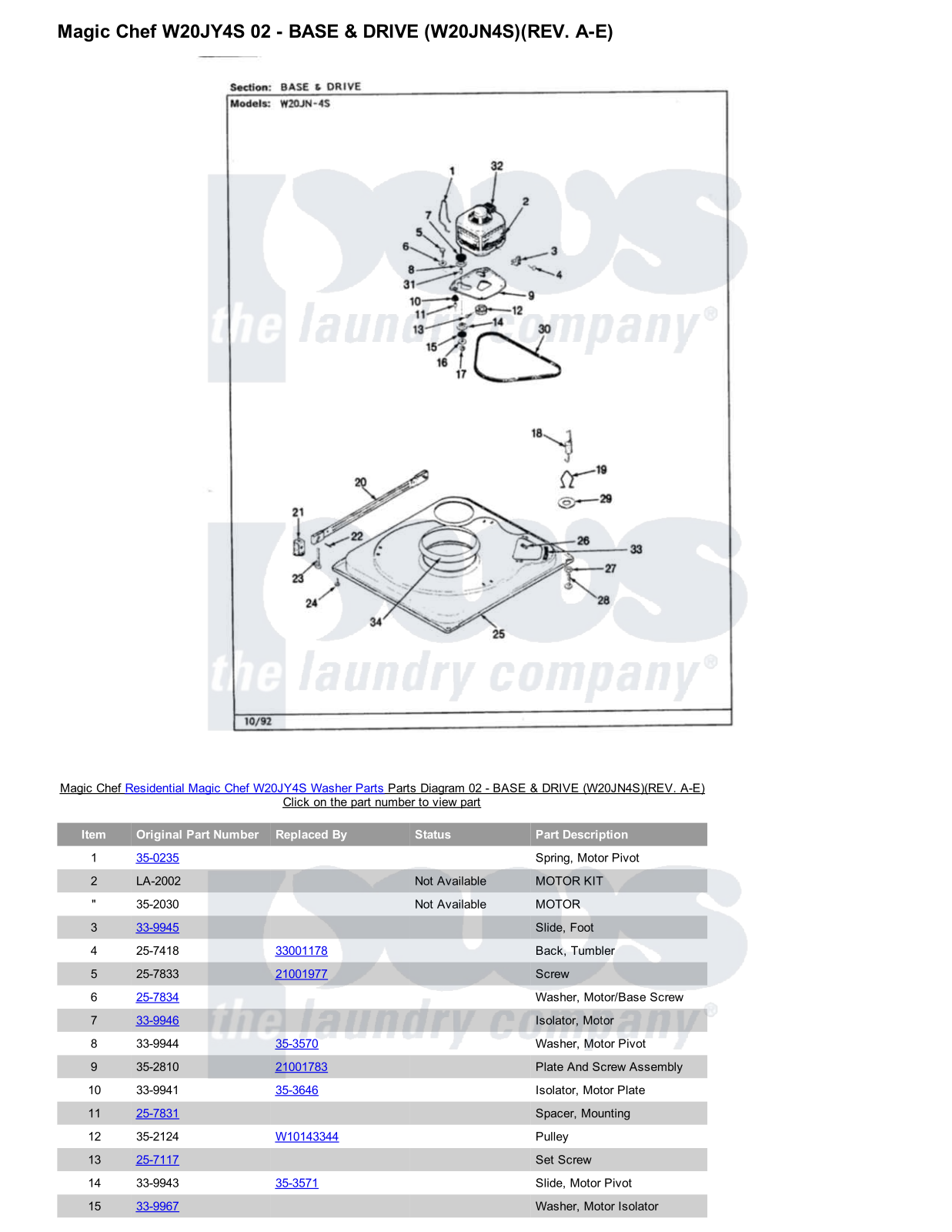 Magic Chef W20JY4S Parts Diagram