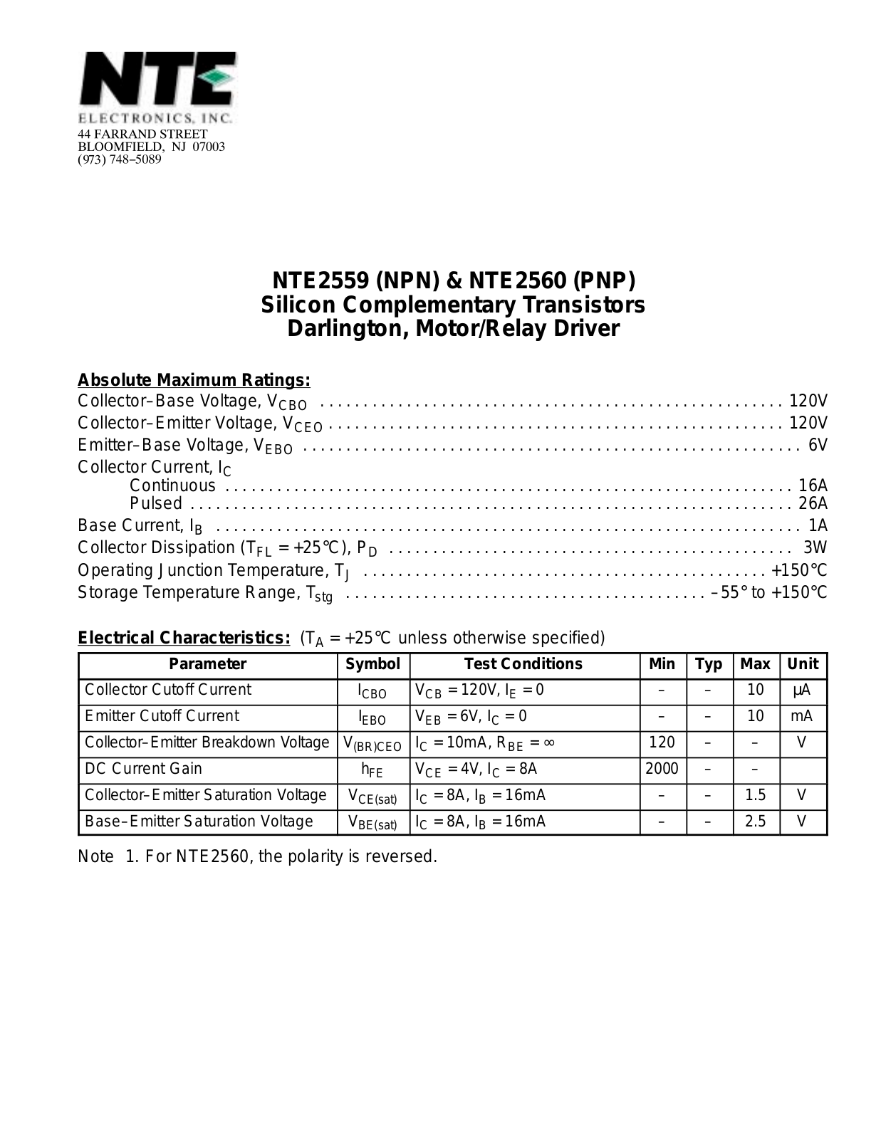Datasheet NTE2560, NTE2559 Datasheet (NTE) - ManualMachine.com