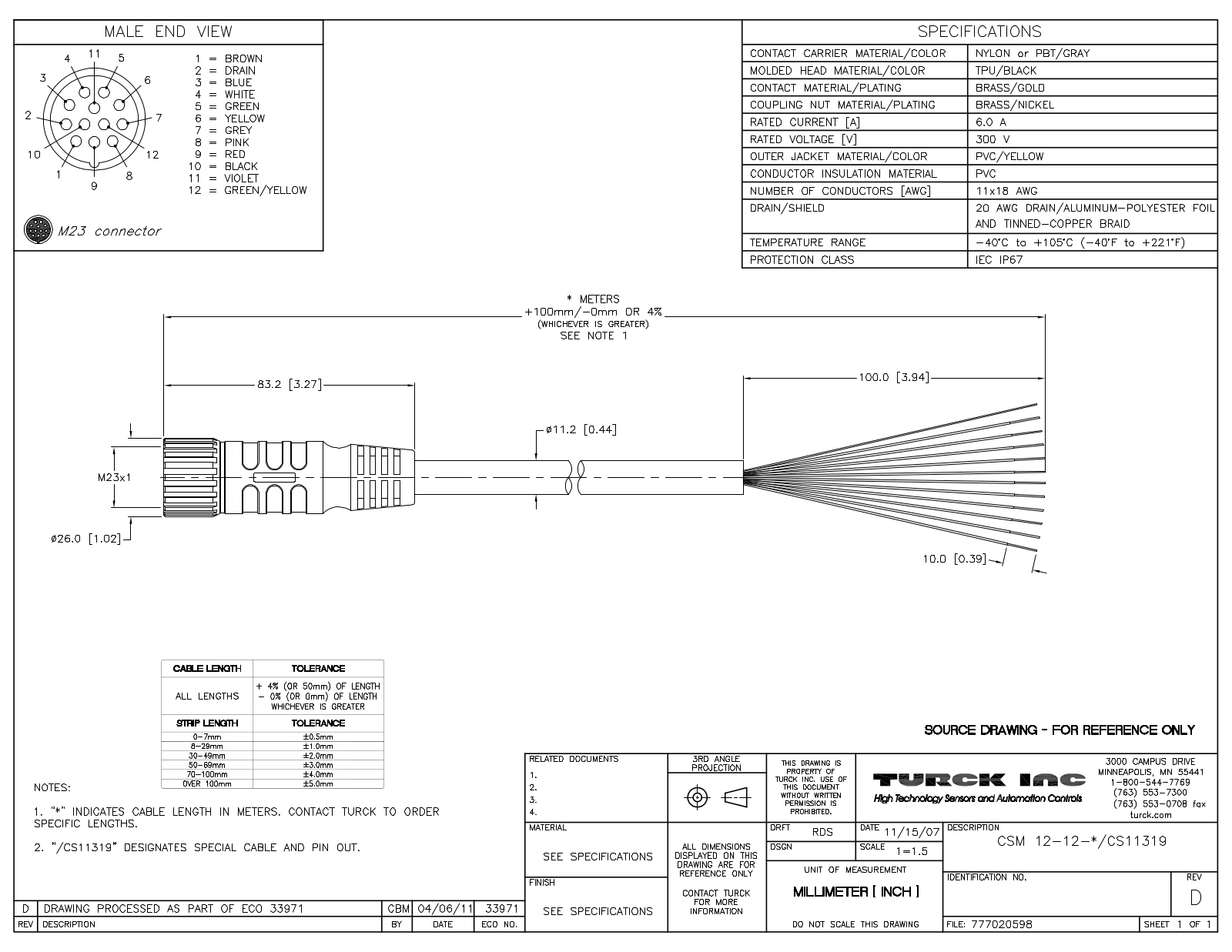 Turck CSM12-12-15/CS11319 Specification Sheet