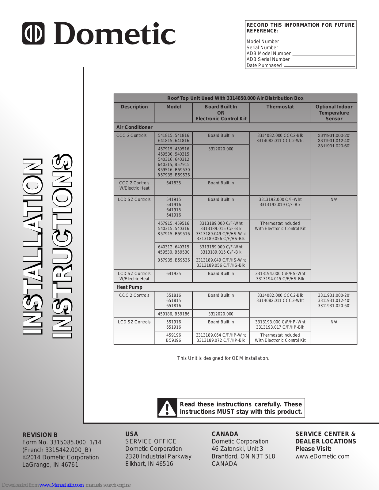 Dometic 459530, 540315, 641815, 540316, 640312 Installation Instructions Manual