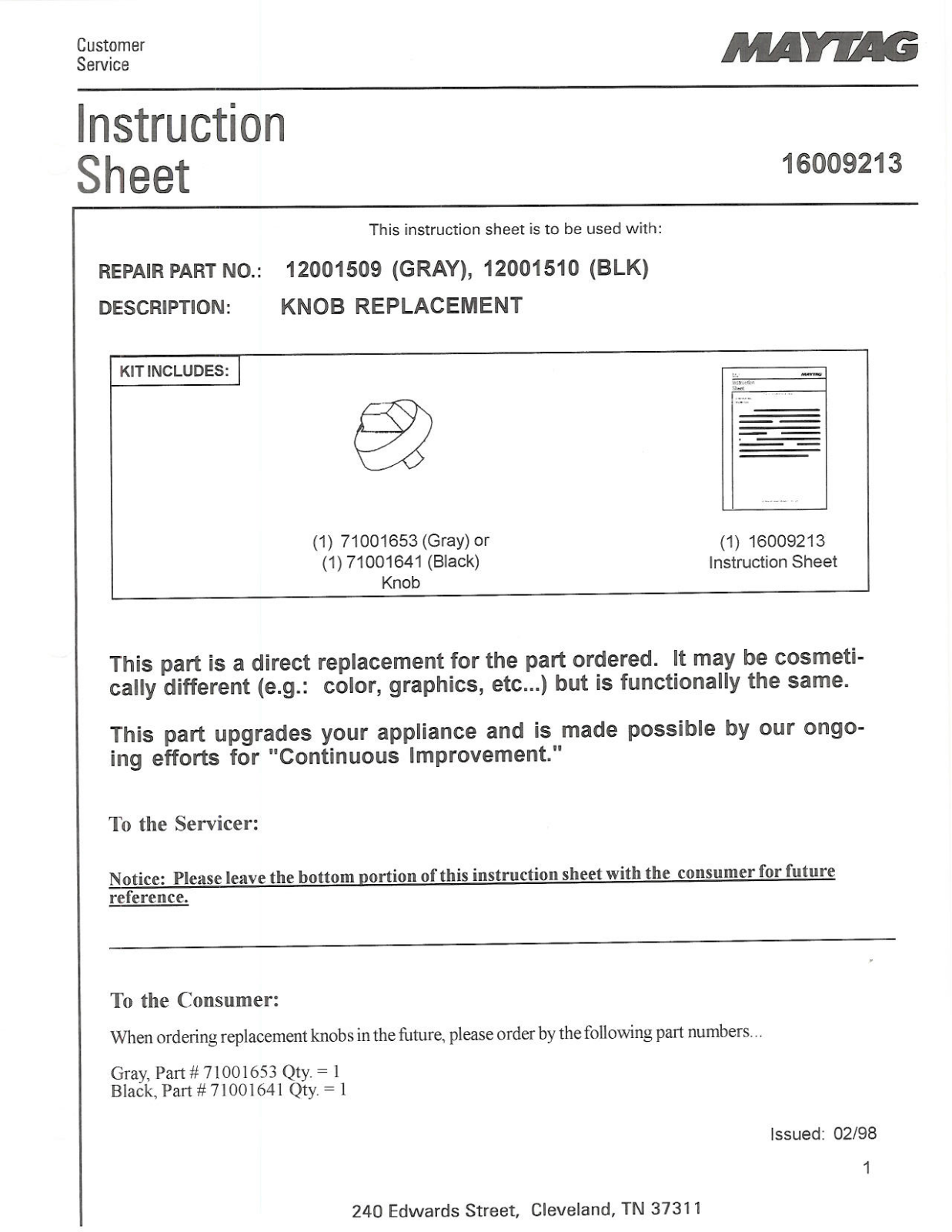 Maytag 12001509, 12001510 Instruction Sheet