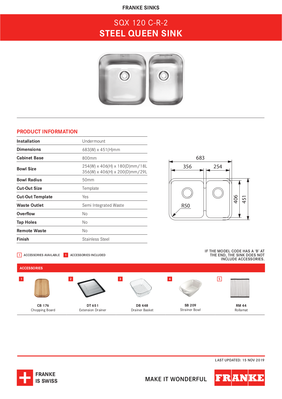 Franke SQX120C-R2 Specifications Sheet