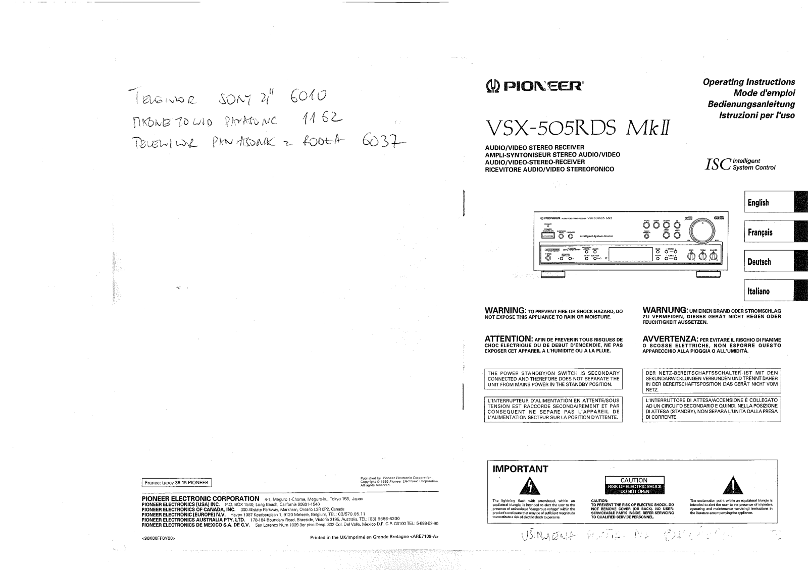 PIONEER VSX-505RDS MHII User Manual