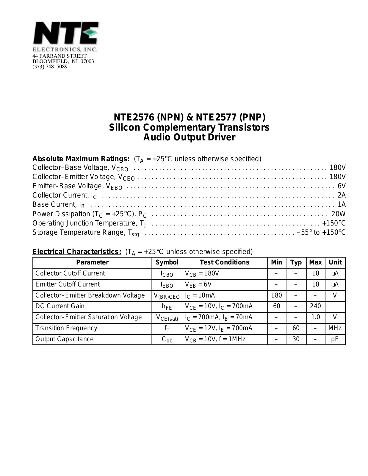 Datasheet NTE2577, NTE2576 Datasheet (NTE) - ManualMachine.com