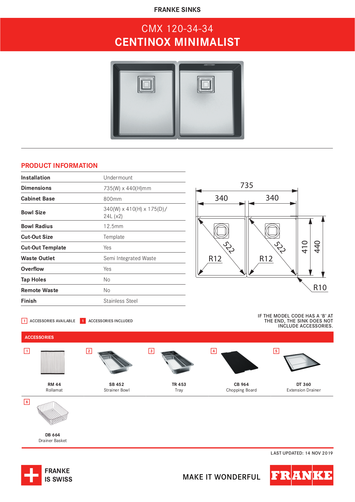 Franke CMX120-34/34 Specifications Sheet