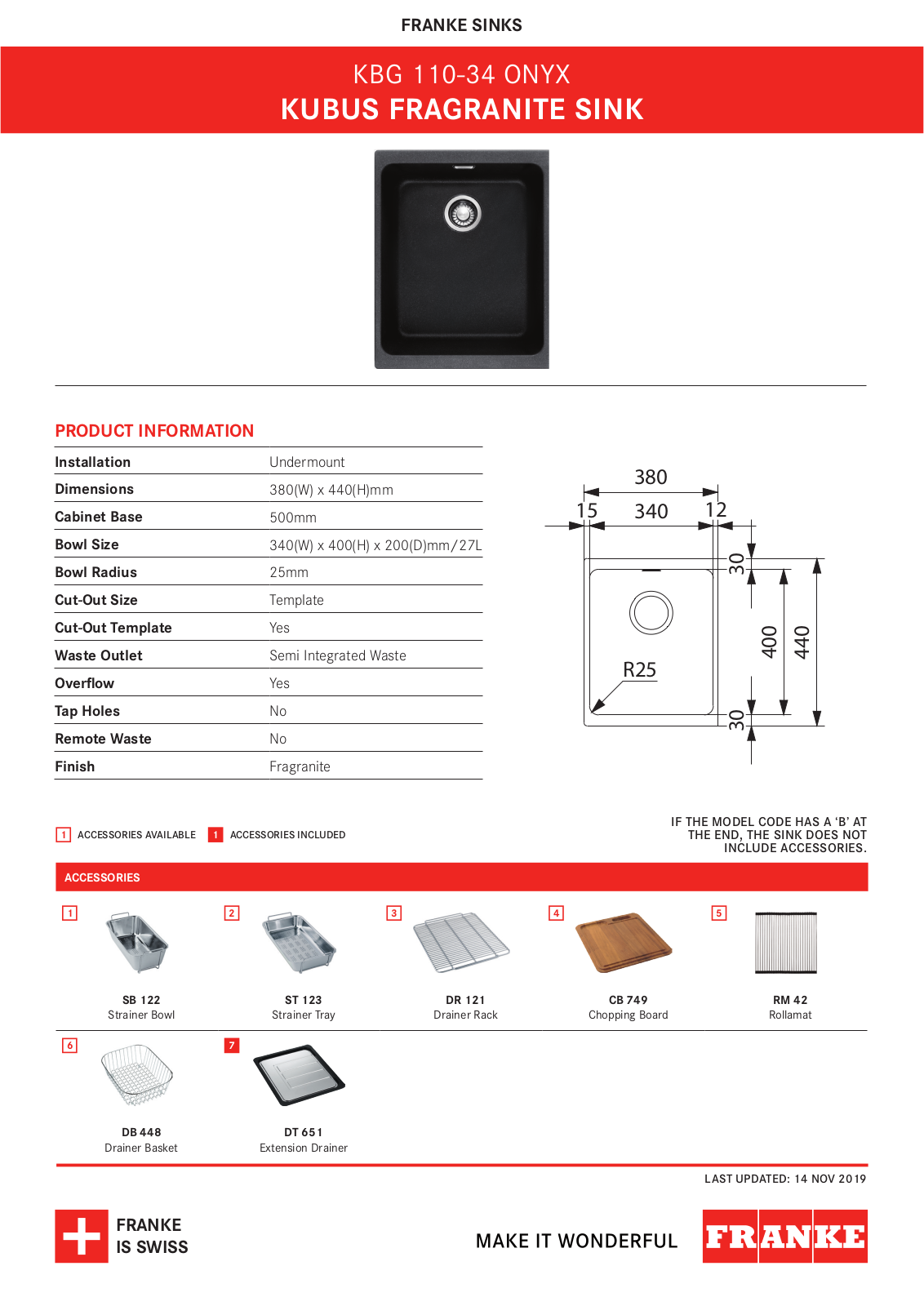 Franke KBG110-34ONYX, KBG110-34-BONYX Specifications Sheet