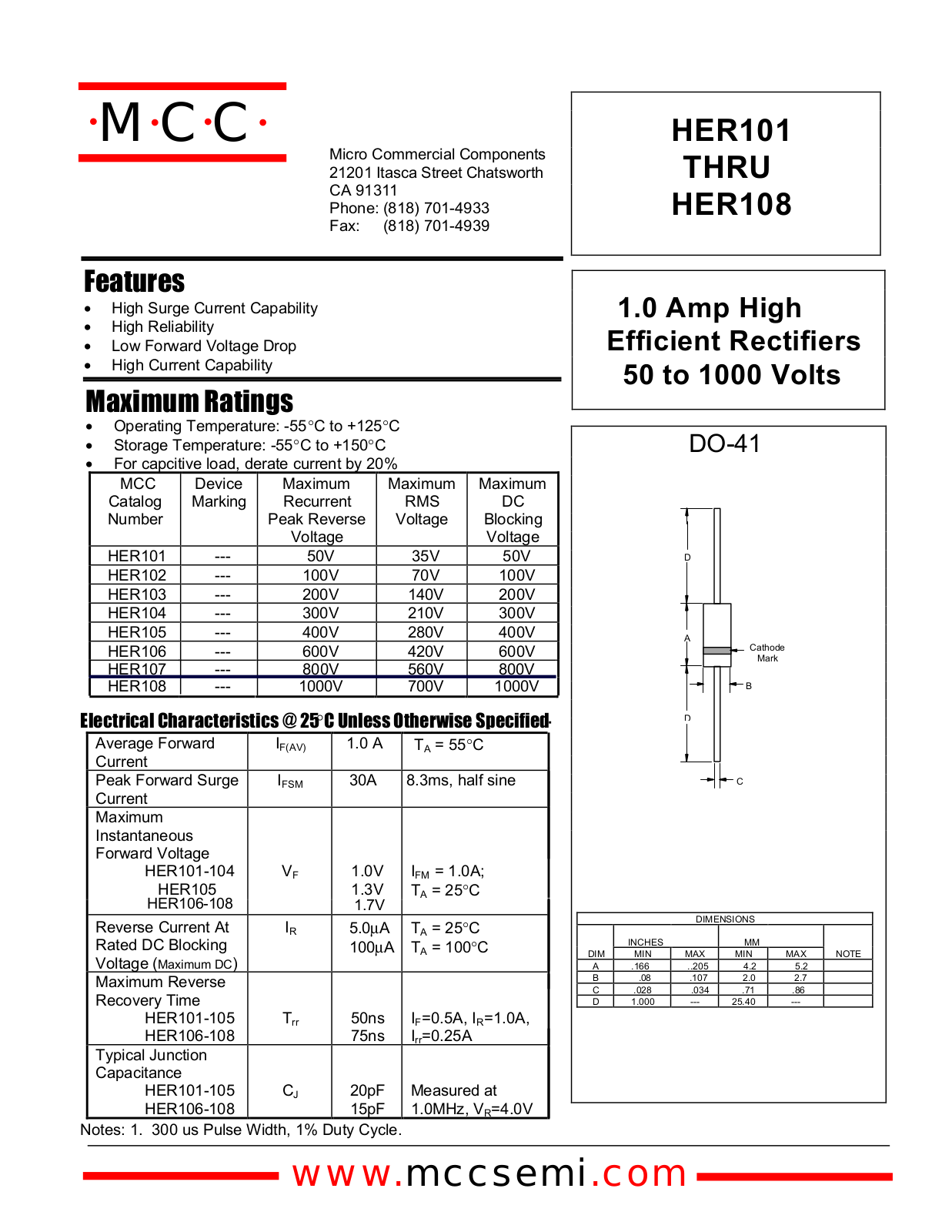 MCC HER108, HER106, HER107, HER105, HER102 Datasheet