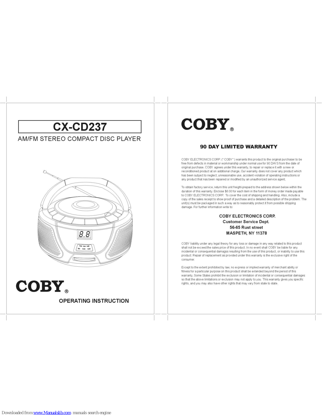 Coby CX-CD237 Operating Instructions Manual