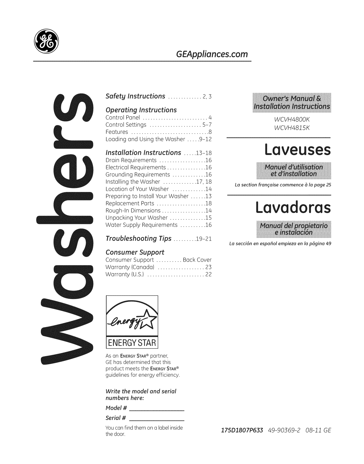 GE WCVH4800K2WW, WCVH4800K1WW Owner’s Manual