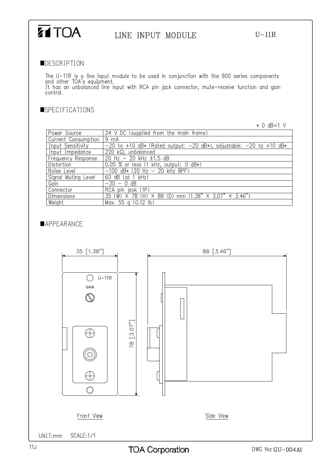 TOA U-11R User Manual