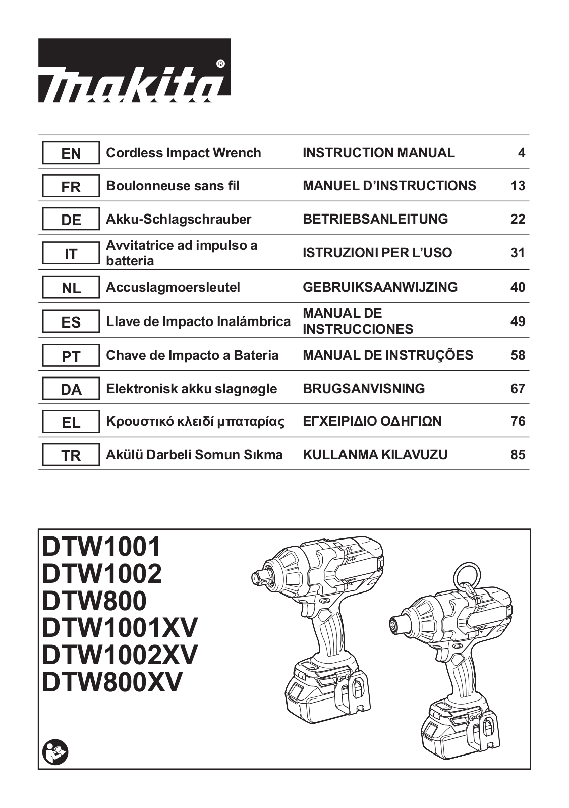 Makita DTW1001, DTW1002, DTW800, DTW1001XV, DTW1002XV User manual