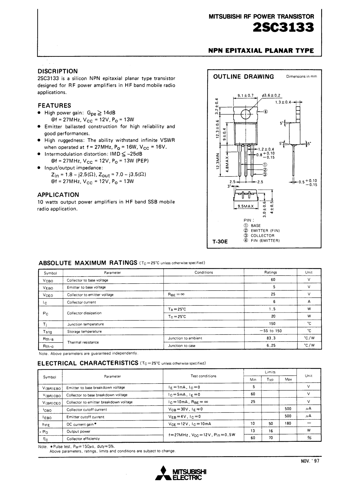 Mitsubishi Electric Corporation Semiconductor Group 2SC3133 Datasheet