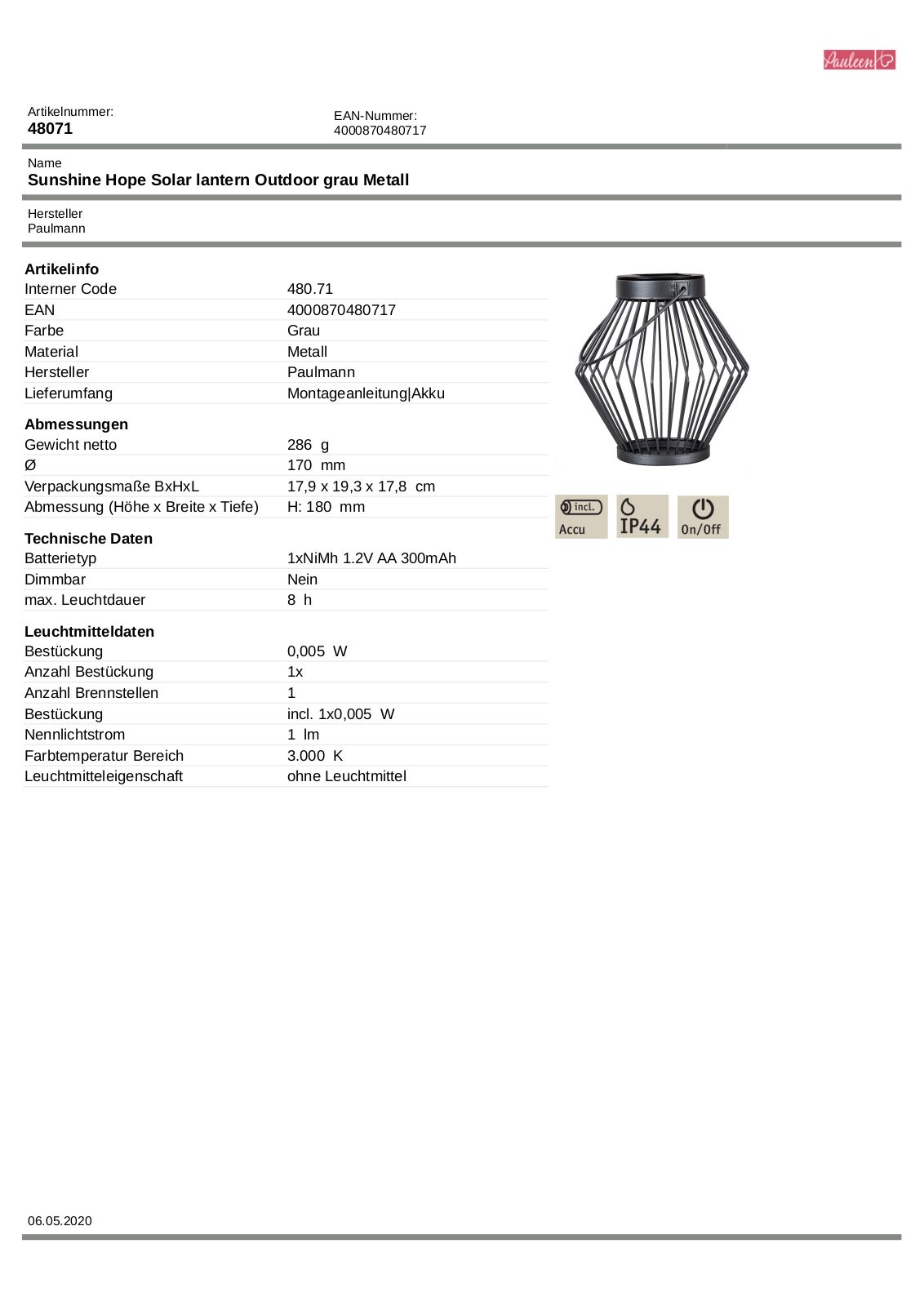 Pauleen Sunshine Hope Technical data