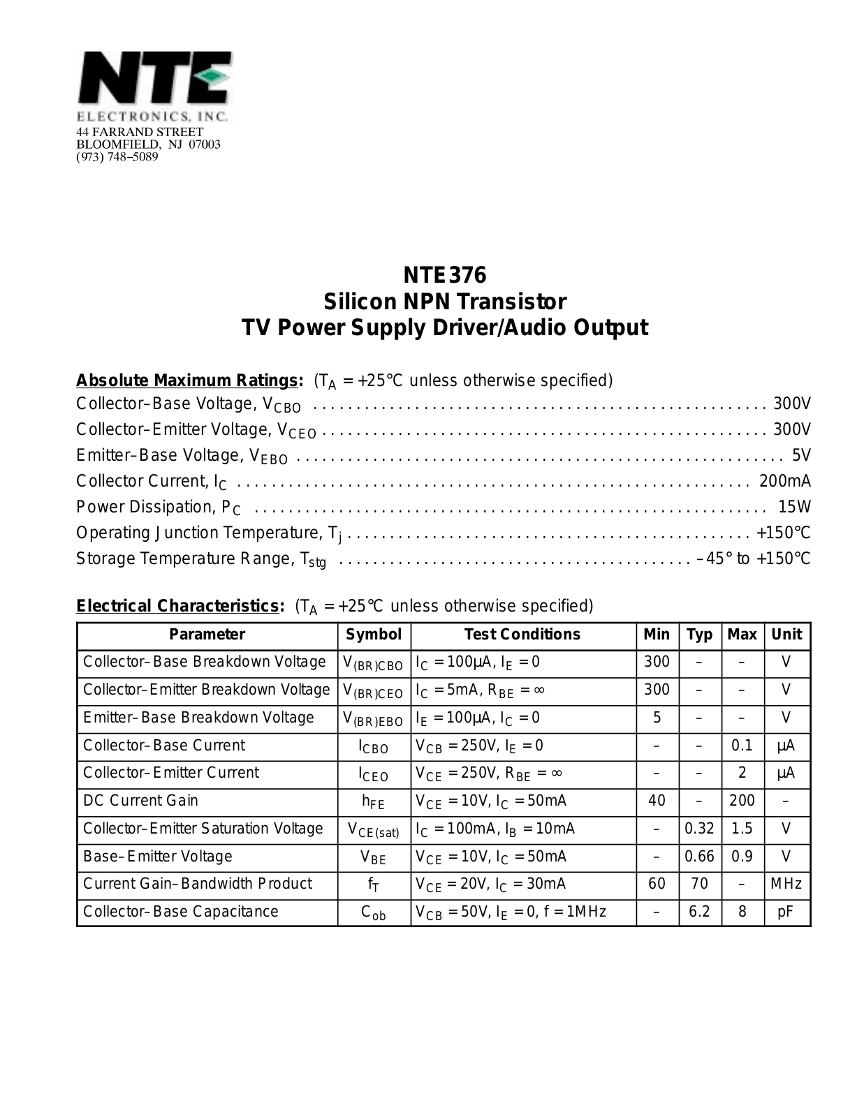 Datasheet NTE376 Datasheet (NTE) - ManualMachine.com