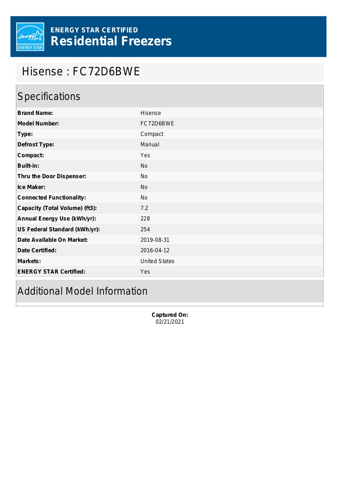 Hisense FC72D6BWE Specifications