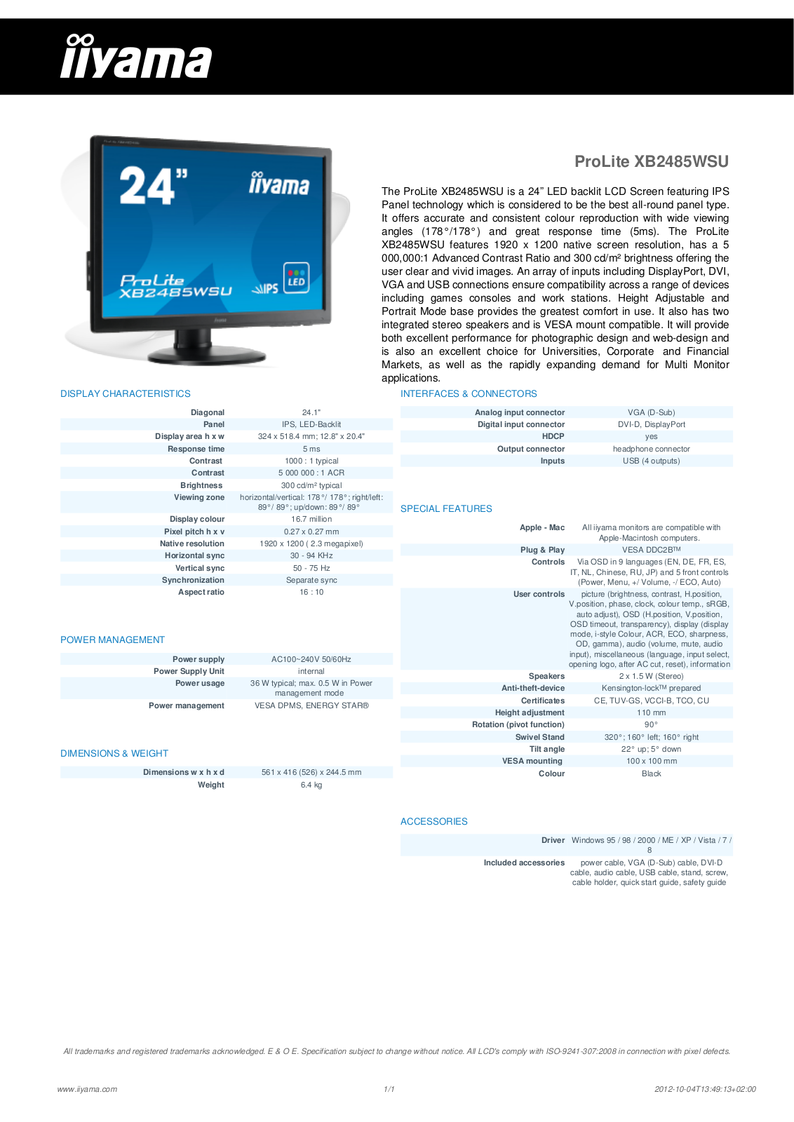 Iiyama PROLITE XB2485WSU User Manual