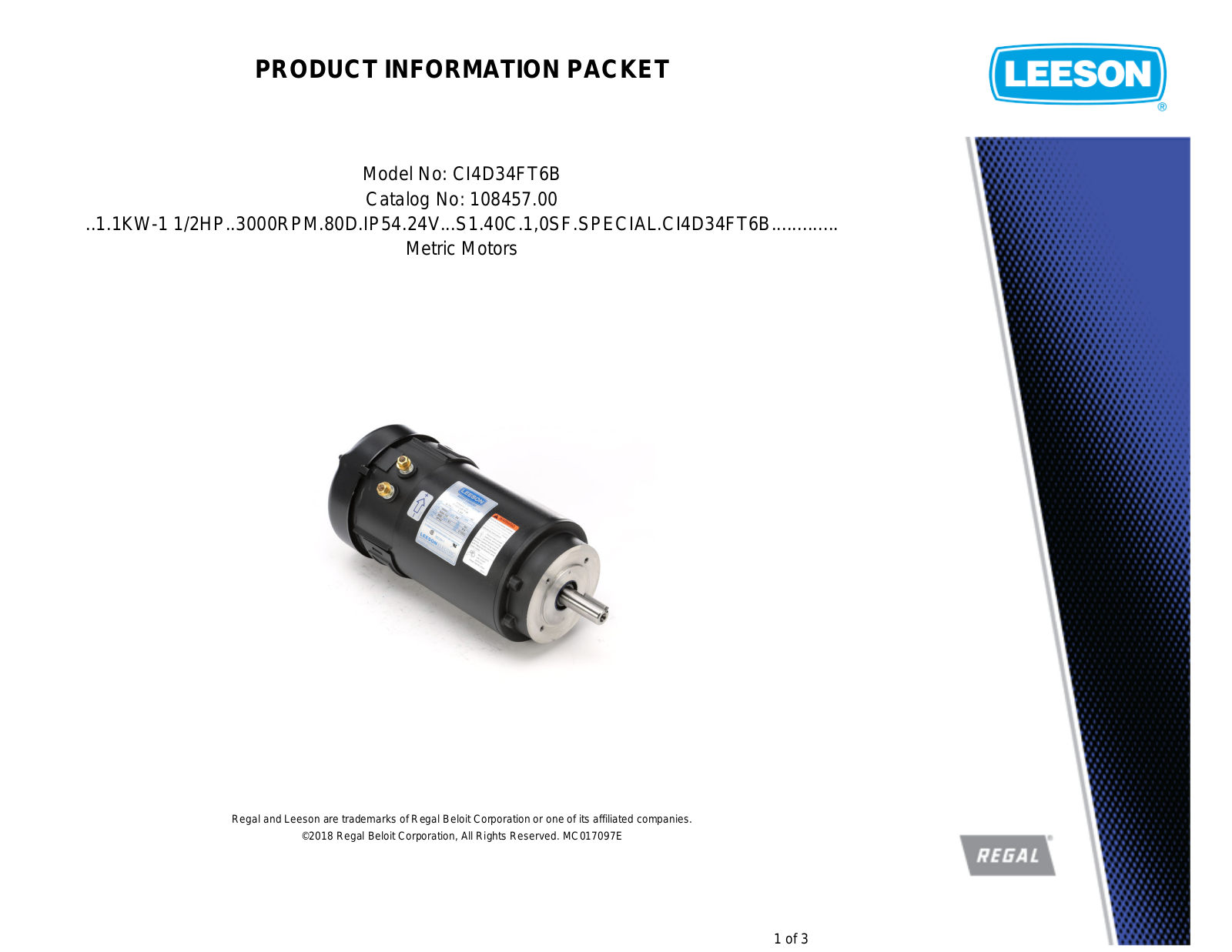 Leeson 108457.00 Product Information Packet