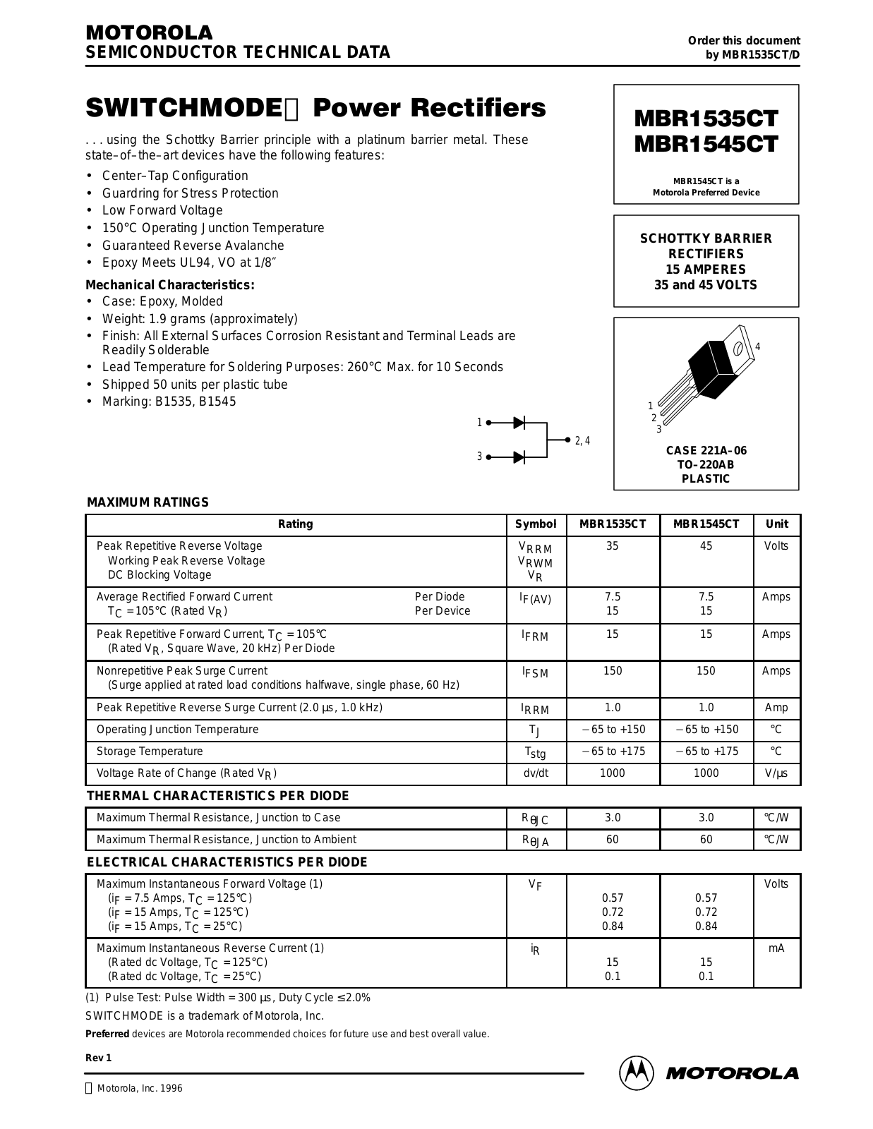 Motorola MBR1535CT, MBR1545CT Datasheet