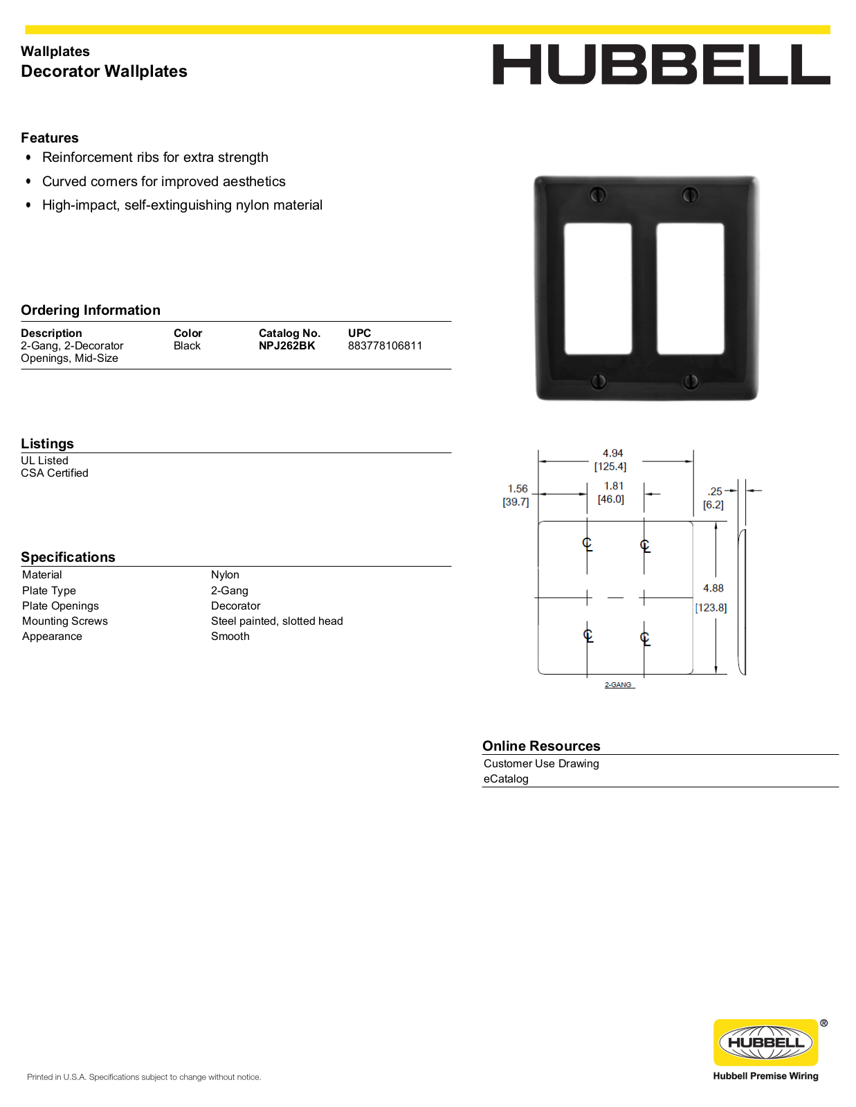 Hubbell NPJ262BK Specifications