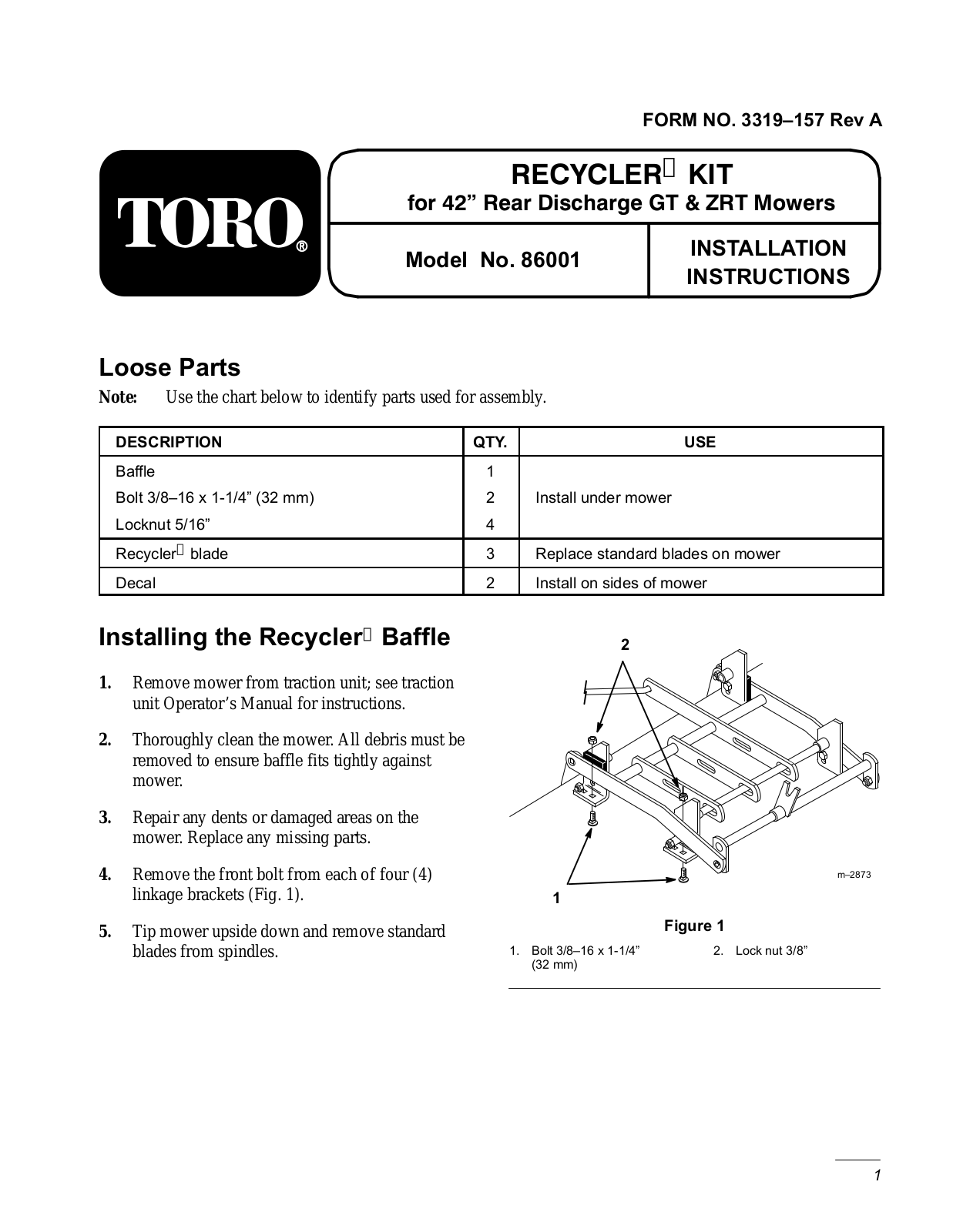 Toro 86001 Installation Instructions