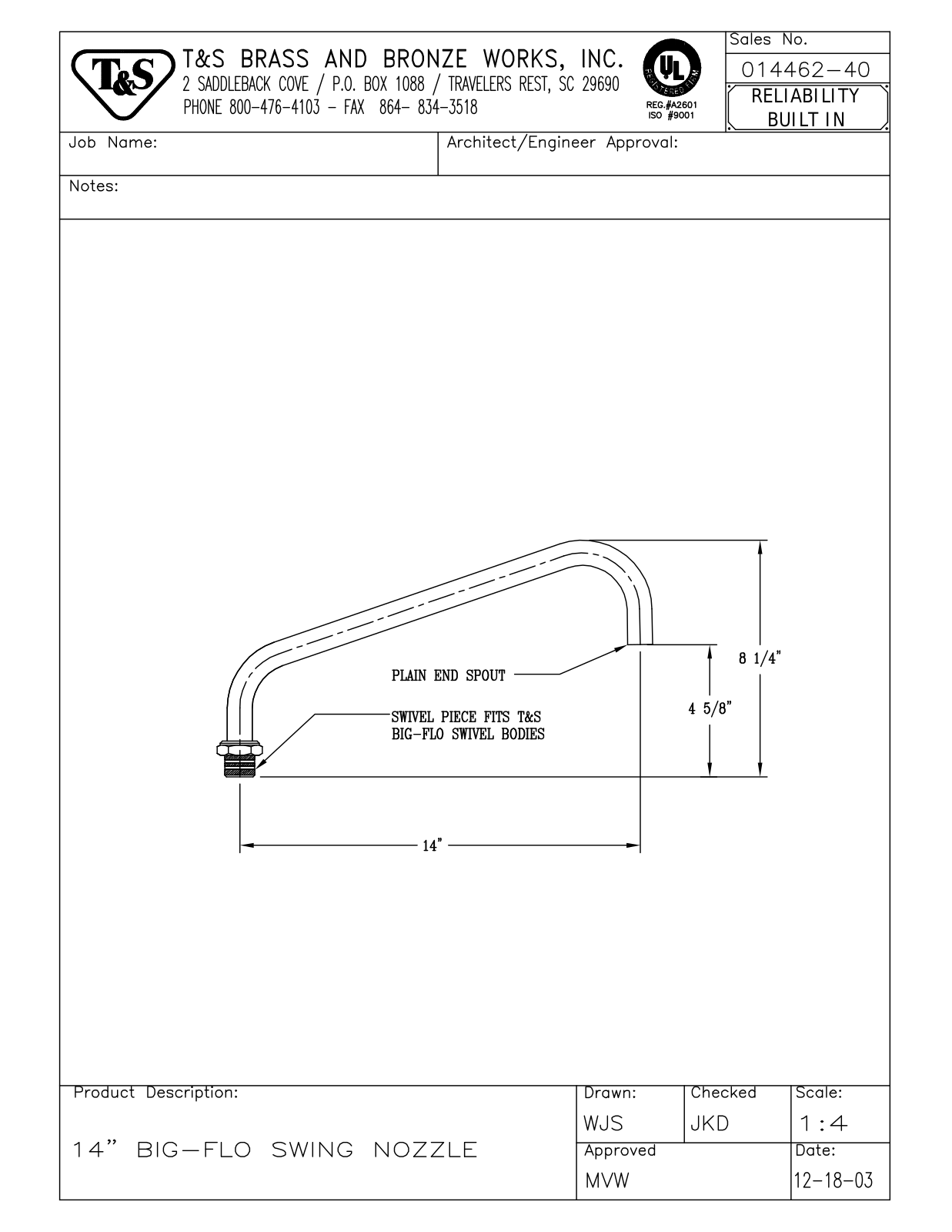 T & S Brass & Bronze Works 014462-40 General Manual