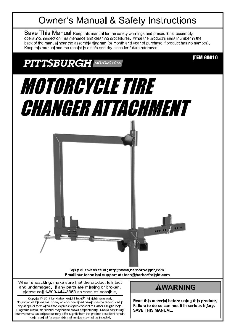 Harbor Freight Tools Motorcycle Tire Changer Attachment Product manual