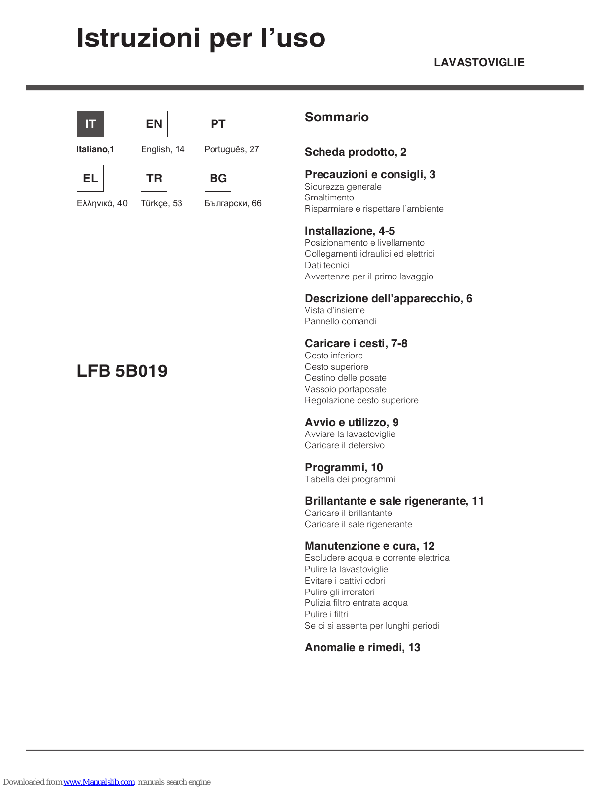 Hotpoint LFB 5B019 Operating Instructions Manual