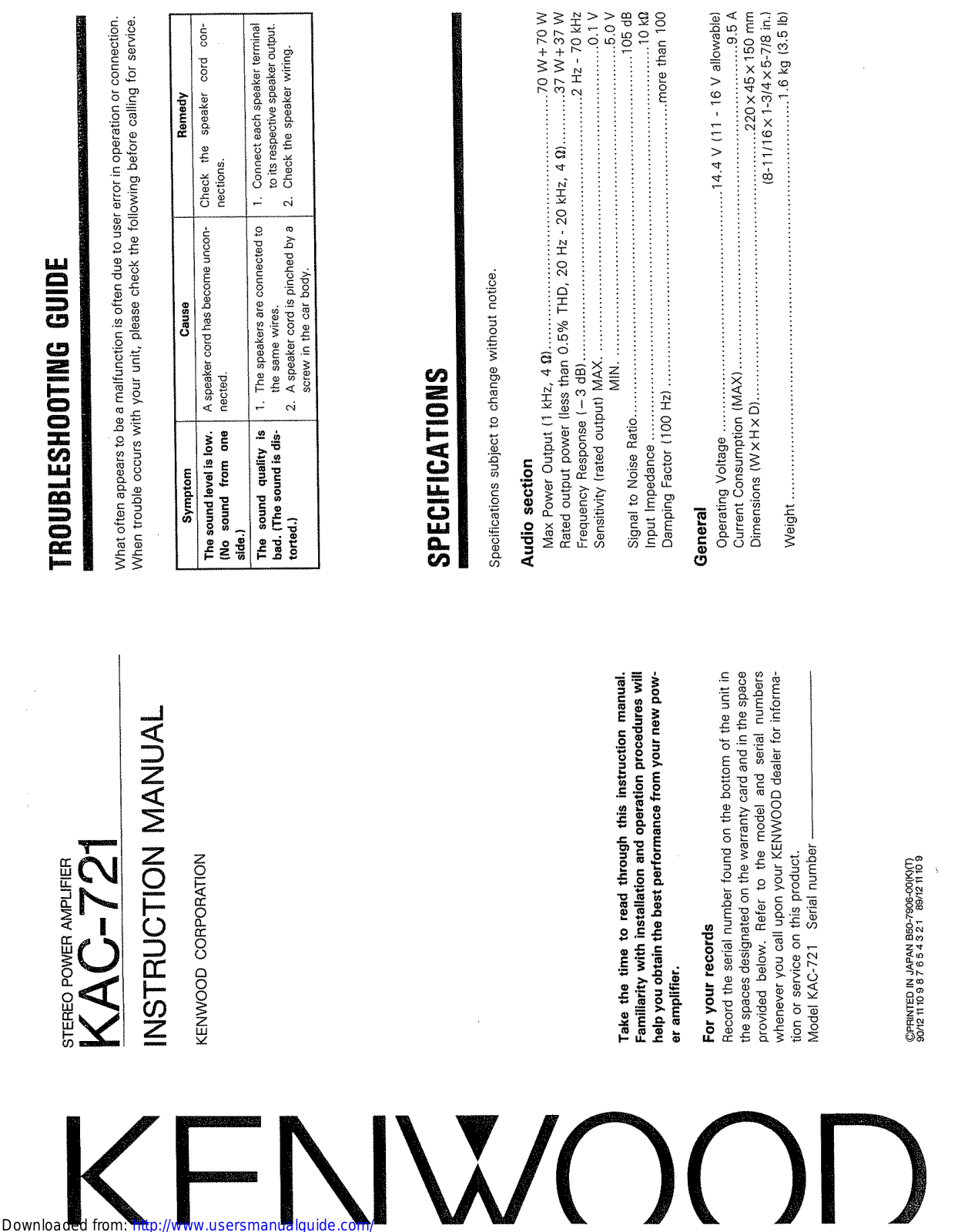 KENWOOD KAC-721 User Manual