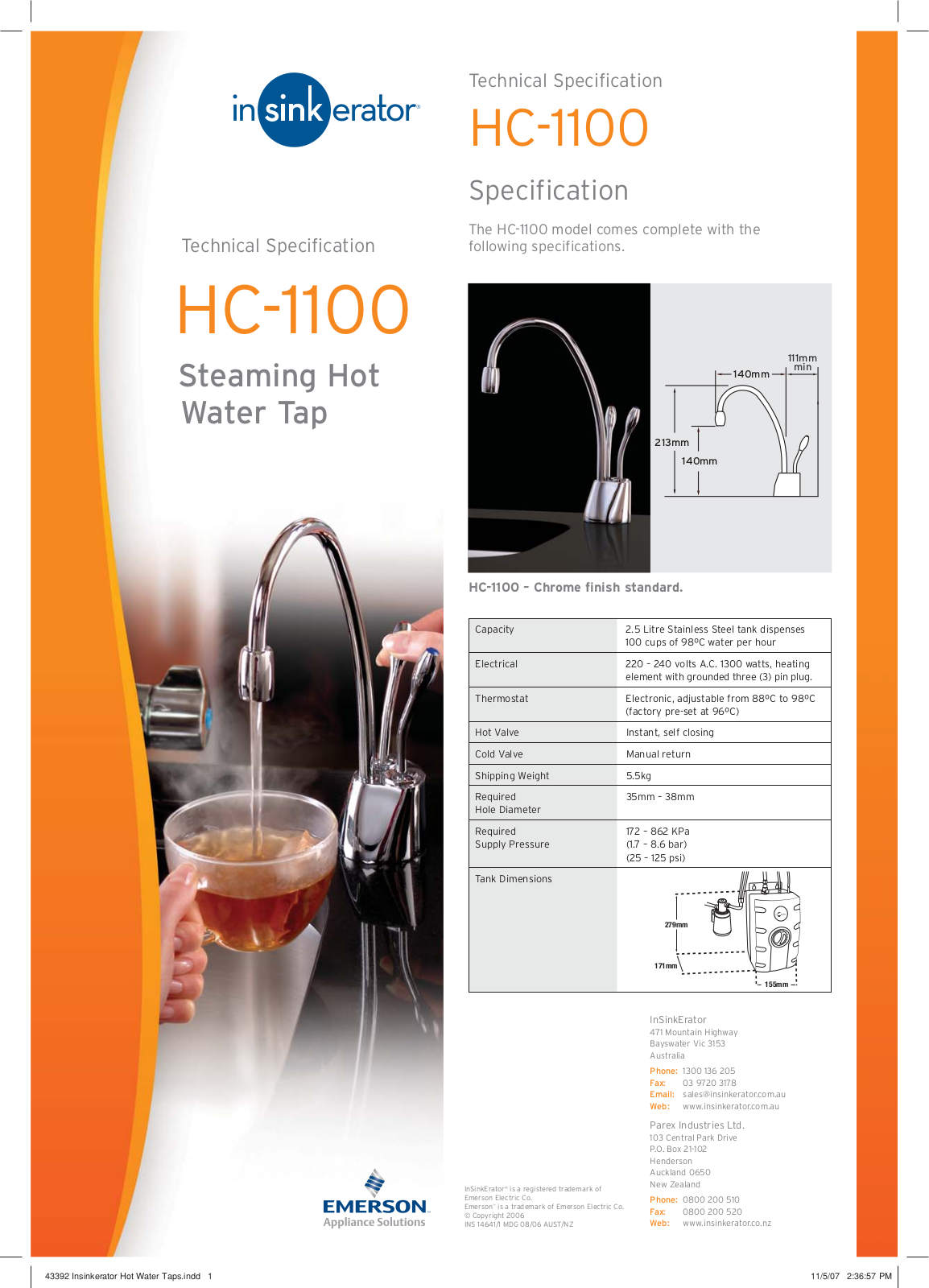 Insinkerator HC1100BR Specifications Sheet