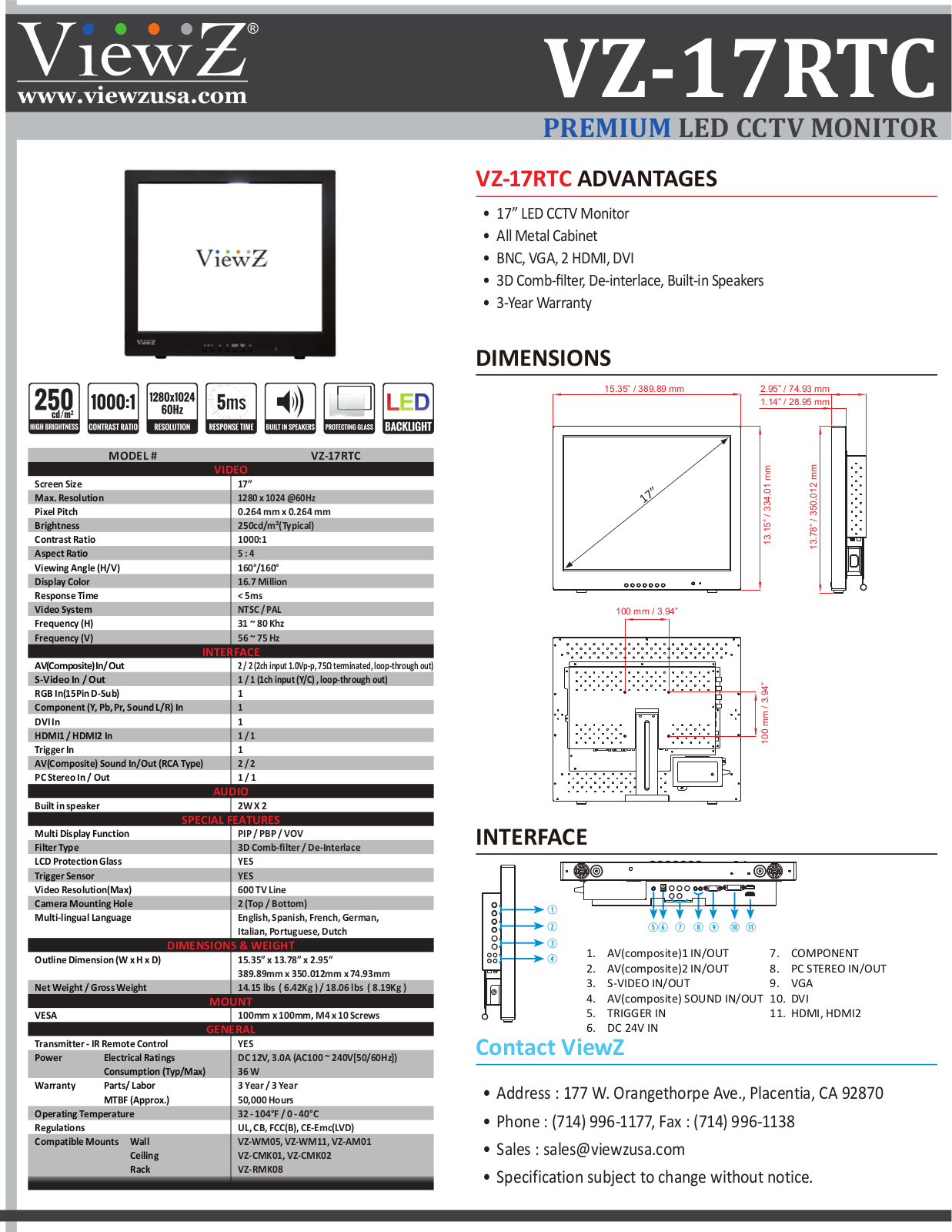 ViewZ VZ-17RTC Specsheet