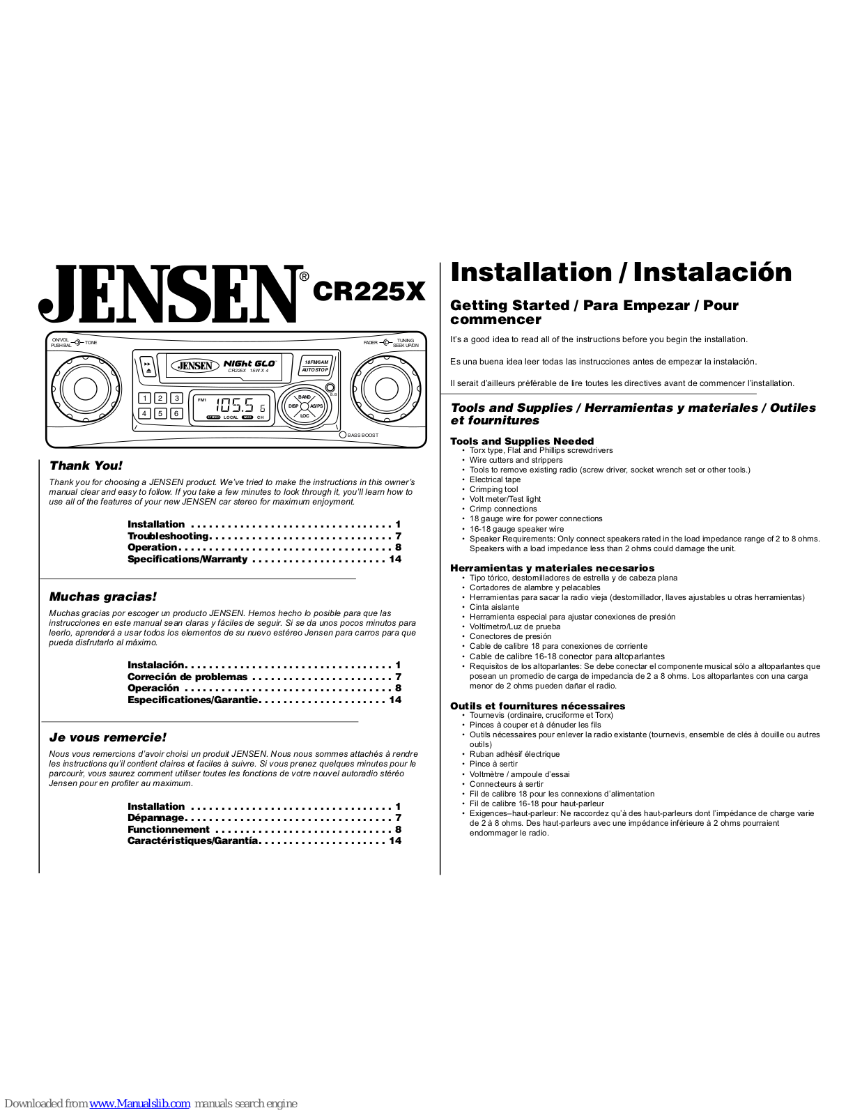 Jensen CR225X Installation Manual